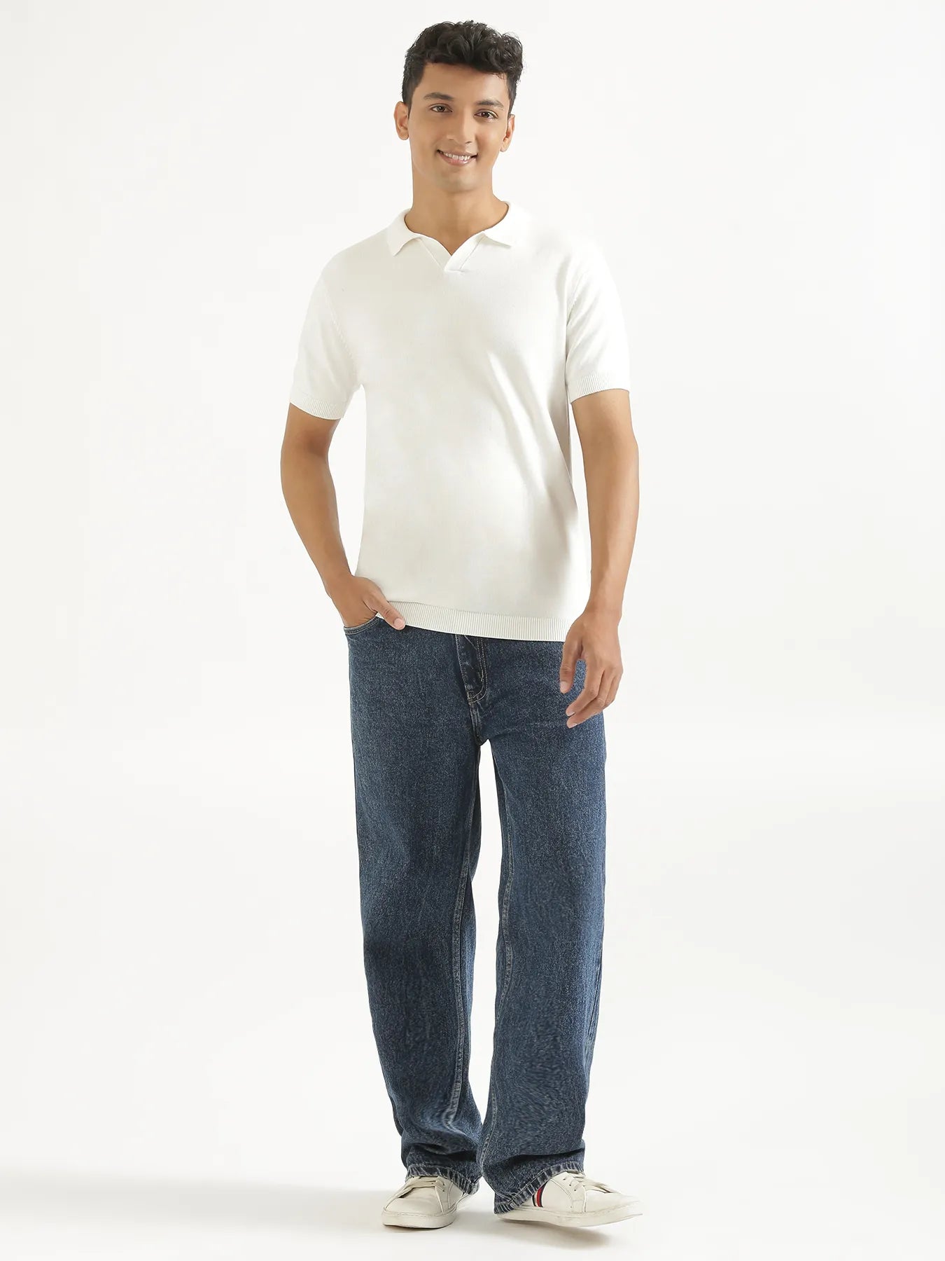 Men Off White Flat Knit Collared T-shirt