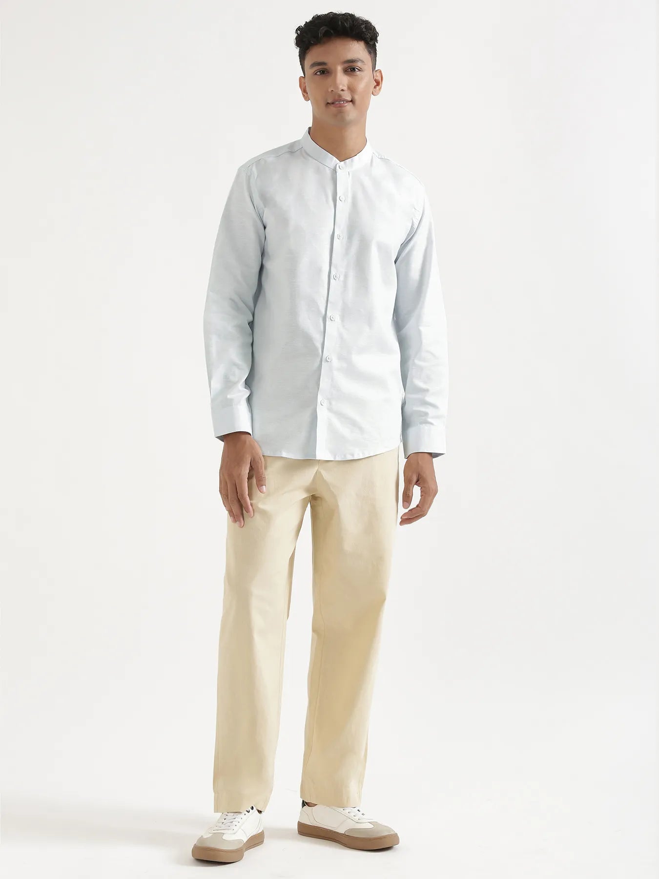 Men Powder Blue Linen Blend Mandarin Collar Shirt