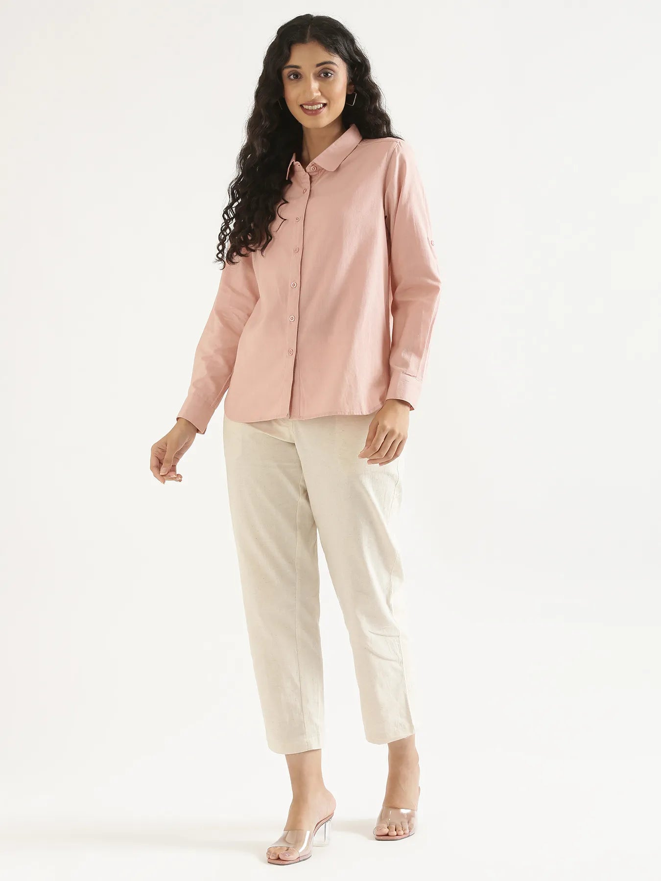 Women Salmon Pink Airy-Linen Shirt