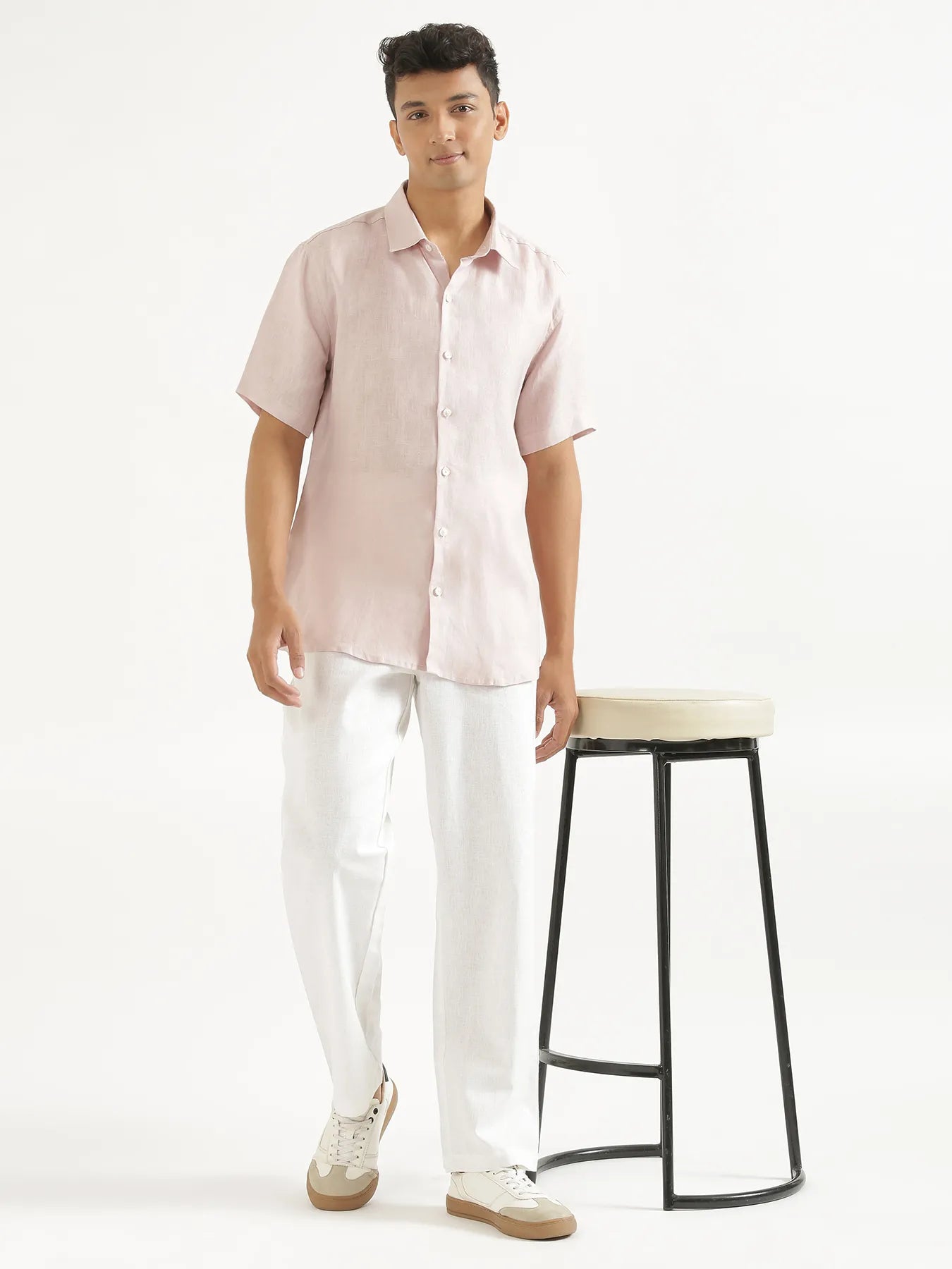 Men White Linen Blend Straight Pant