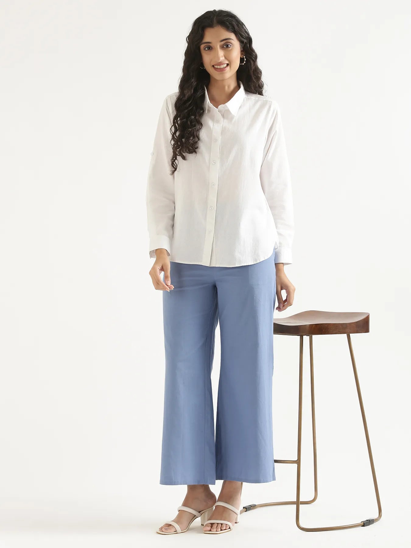 Women English Blue Airy Linen Wide Leg Pant