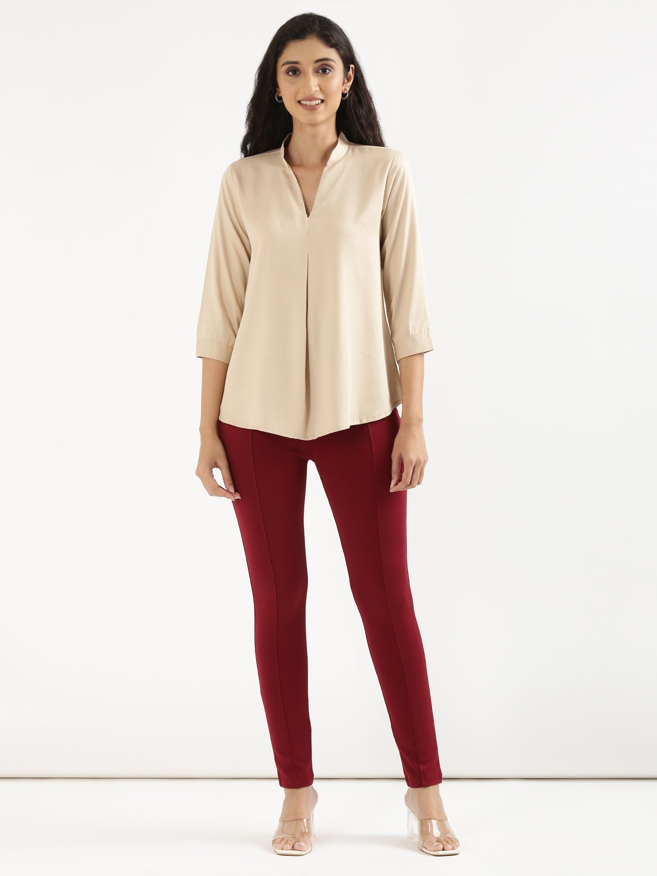 Women Beige Viscose Pleated Top