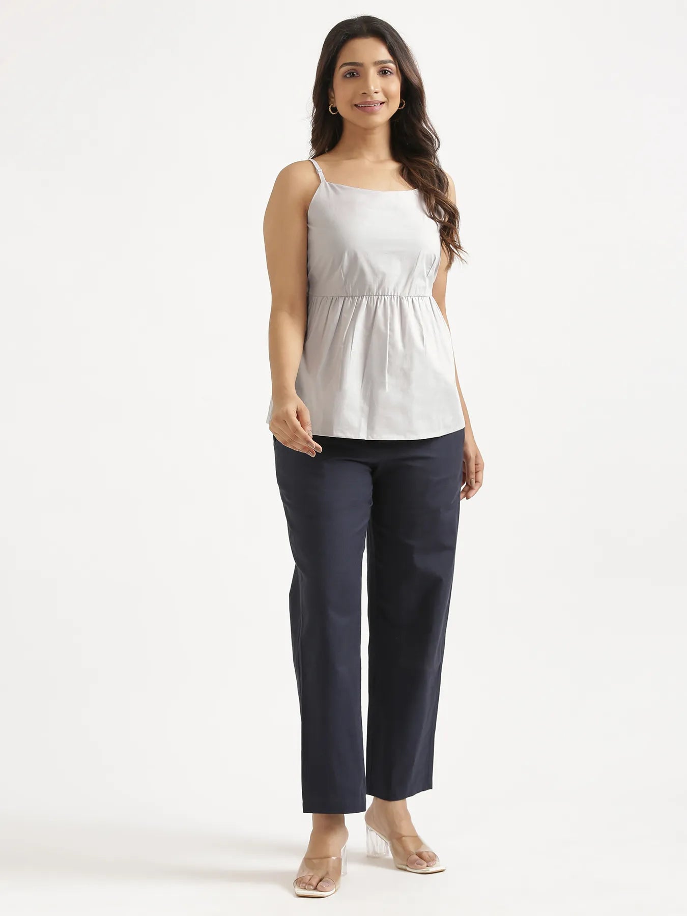 Women Light Grey Better Cotton Peplum Top & Navy Blue Airy Linen Straight Pant