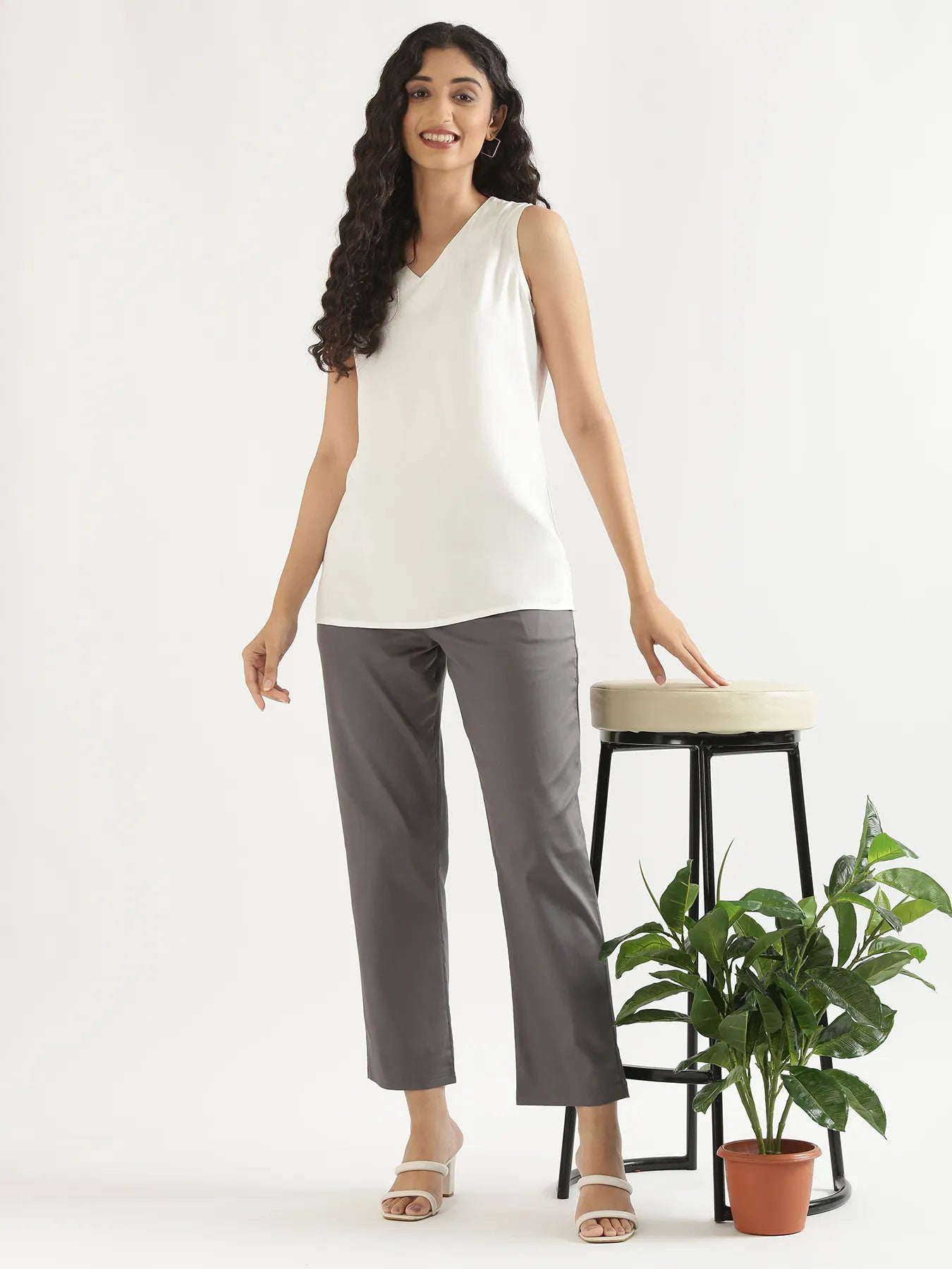 Women Plus Size German Grey Straight Fit Formal Pants