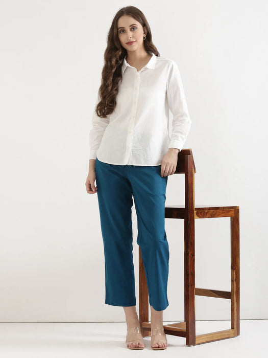 Women Turquoise Airy Linen Straight Pants