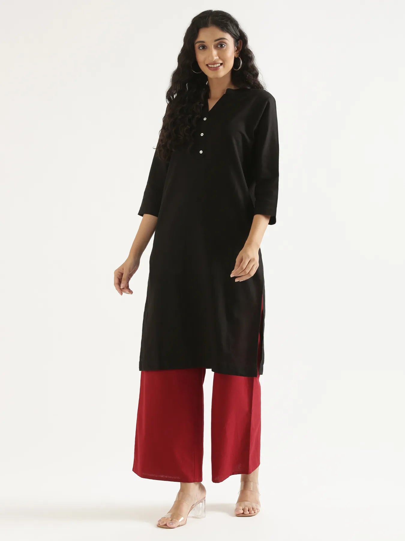 Women Black Airy Linen Long Kurta