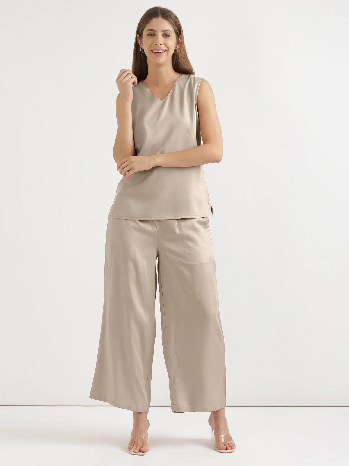 Women Taupe V-Neck Sleeveless Top