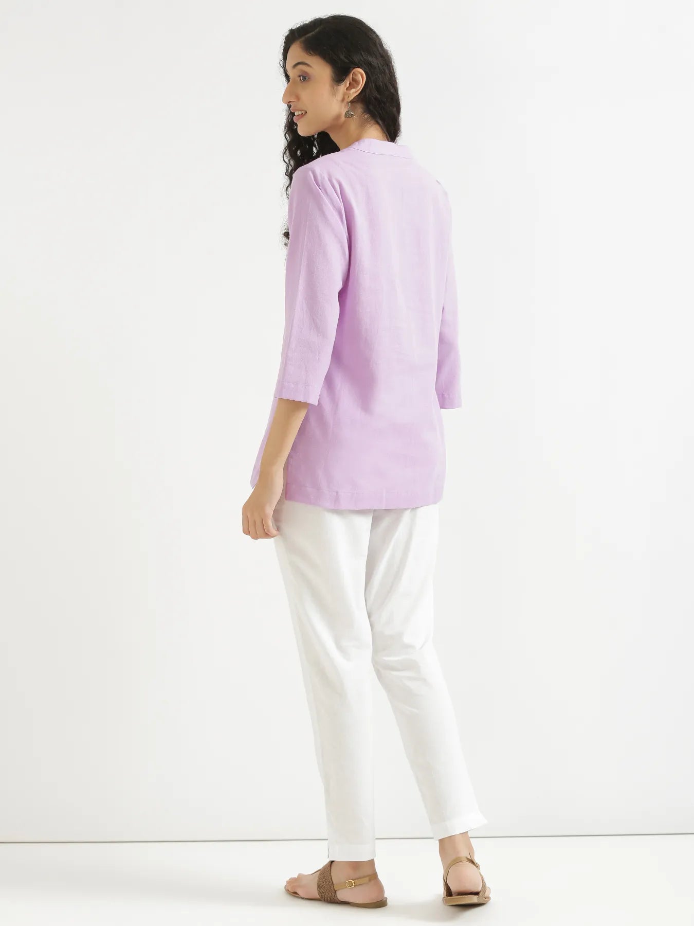 Women Lilac Airy Linen Short Kurta & White Cotton Pant Set
