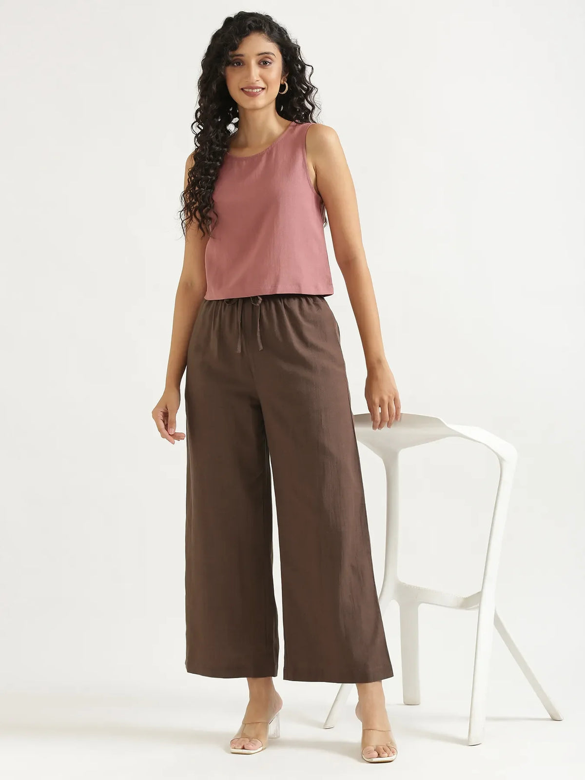 Women Dark Brown Flowy Linen Wide Leg Pants