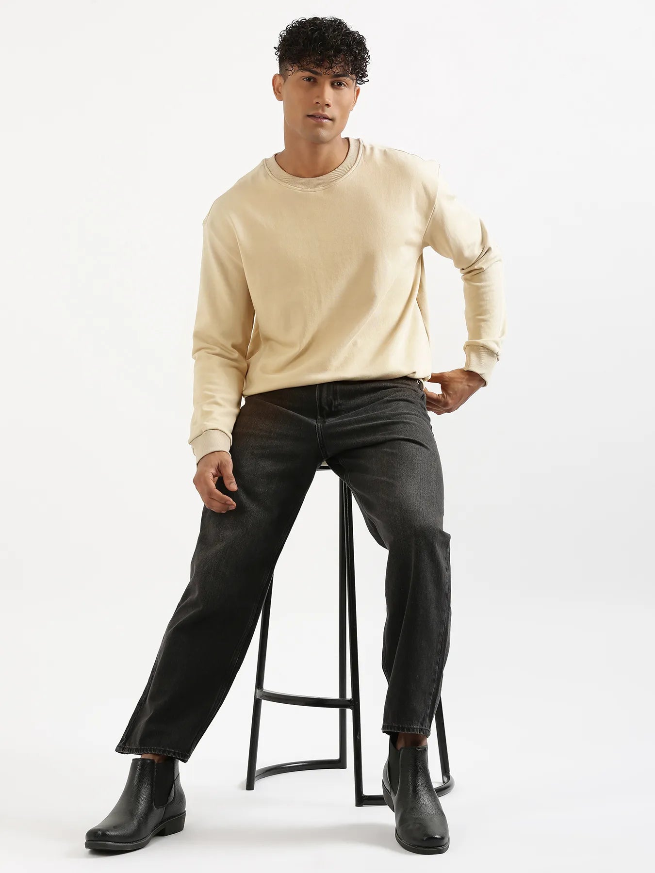 Unisex Beige Round Neck Sweatshirt