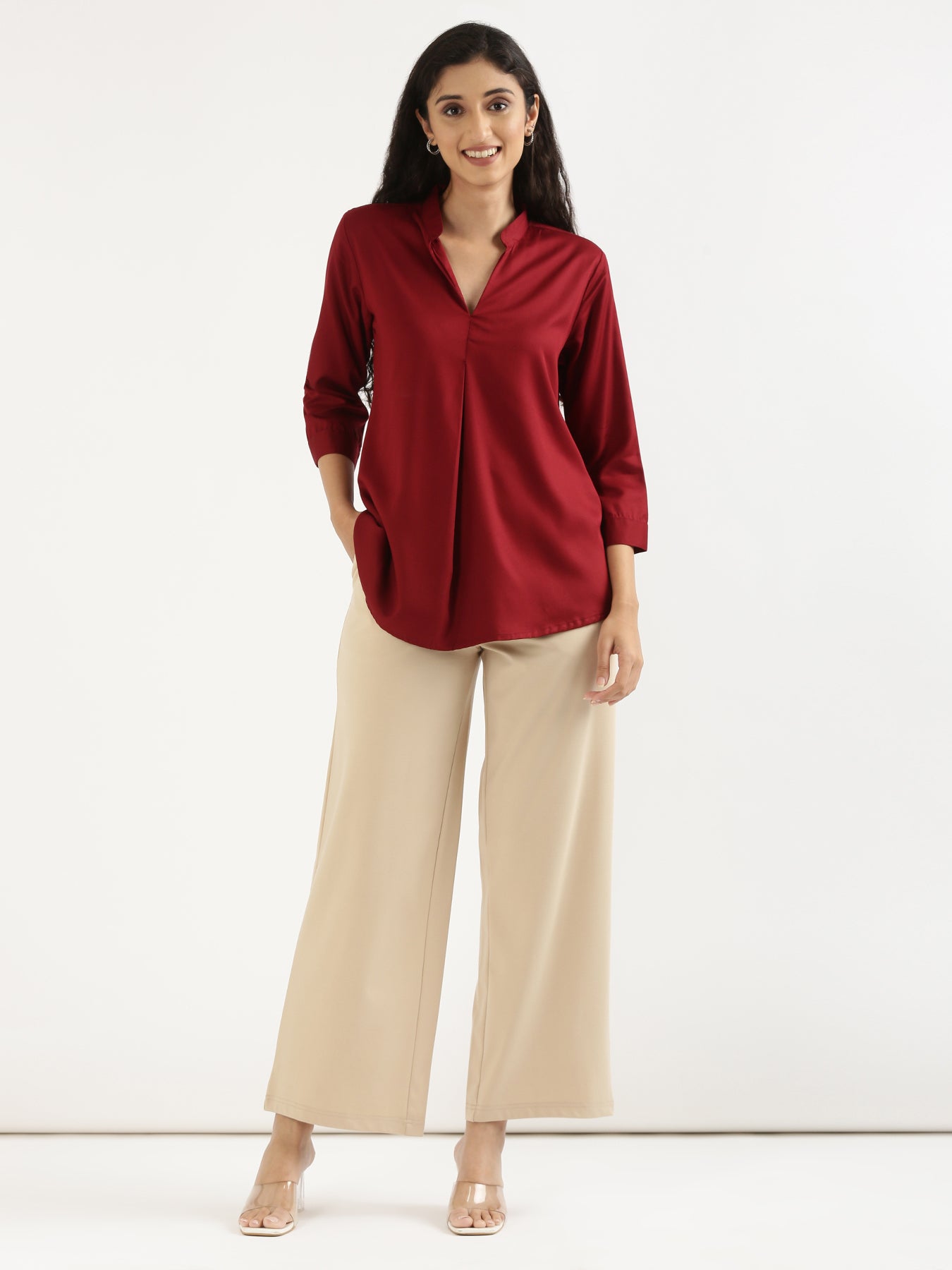 Maroon Viscose Pleated Top with Beige Wide Leg Pant