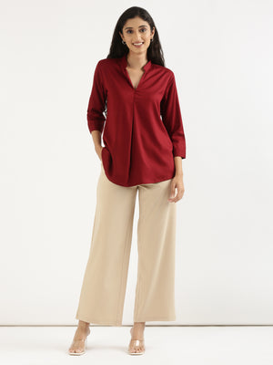 Maroon Viscose Pleated Top with Beige Wide Leg Pant