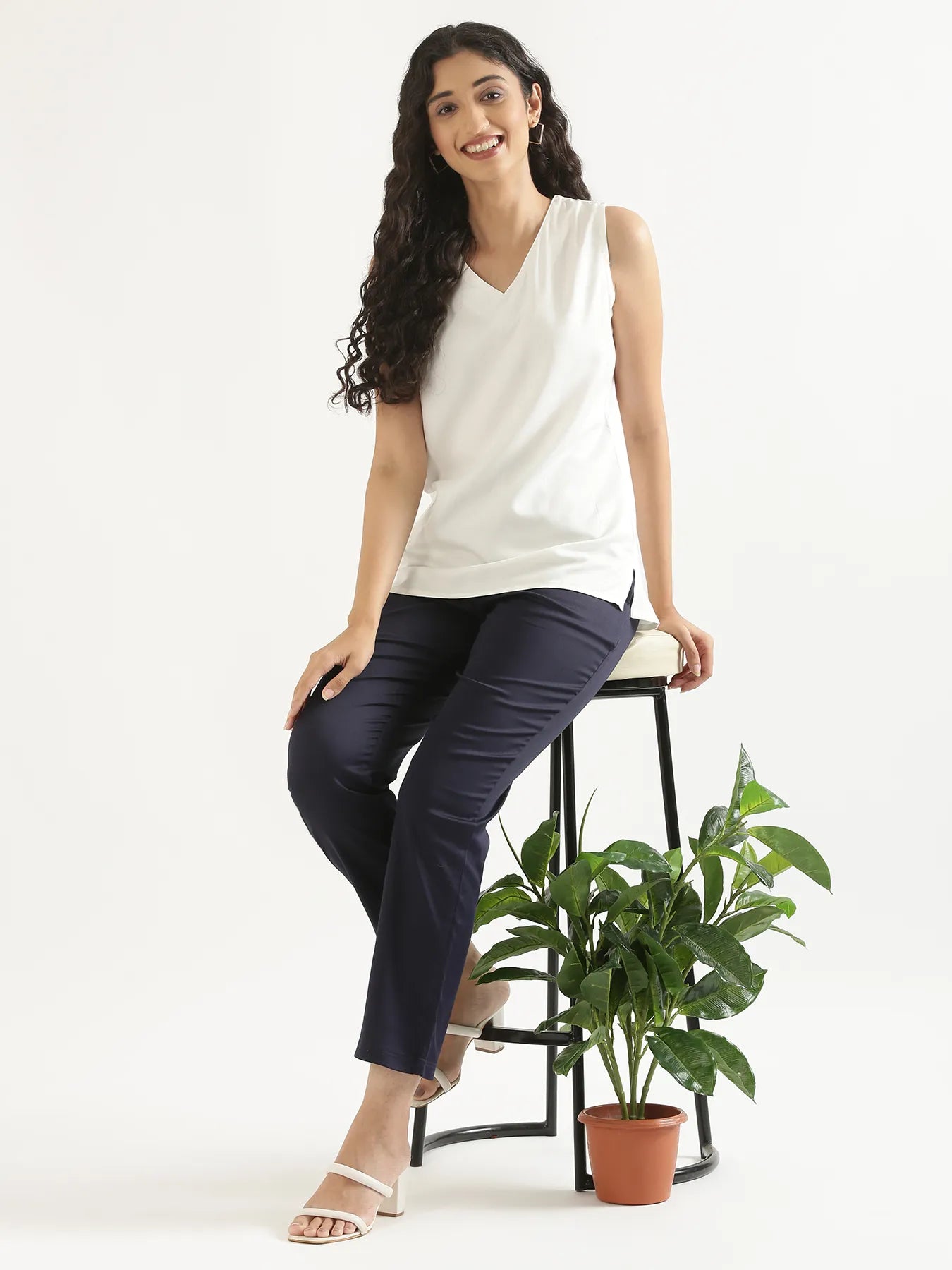 Women Plus Size Navy Blue Straight Fit Formal Pants