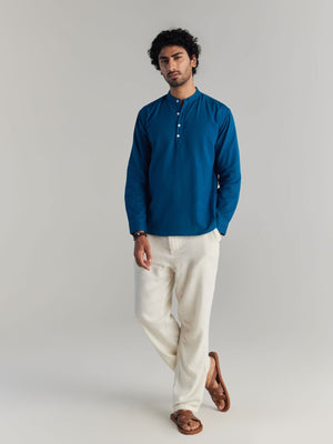 Men Turquoise Airy Linen Short Kurtas