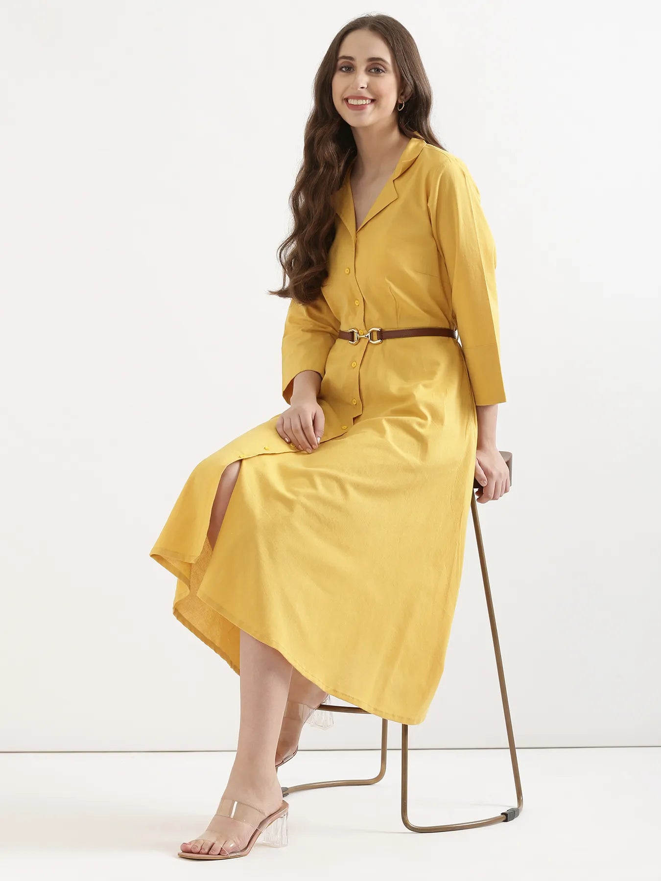 Women Yellow Airy Linen Flared Dress