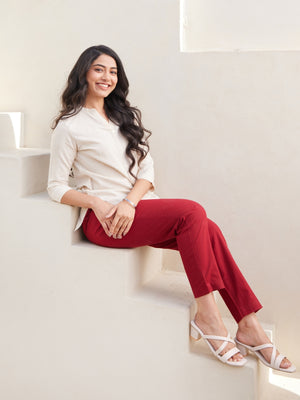 Maroon Cotton Pant with Ecru Airy Linen Short Kurta