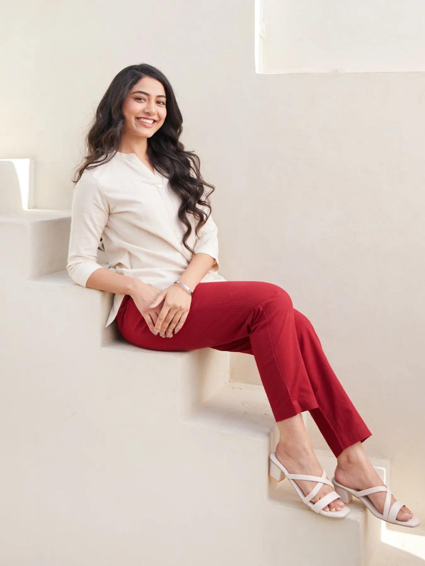 Beige Viscose Pleated Top with Mint Green Wide Leg Pant