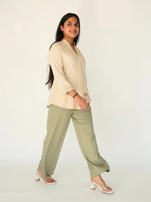 Beige Viscose Pleated Top with Mint Green Wide Leg Pant
