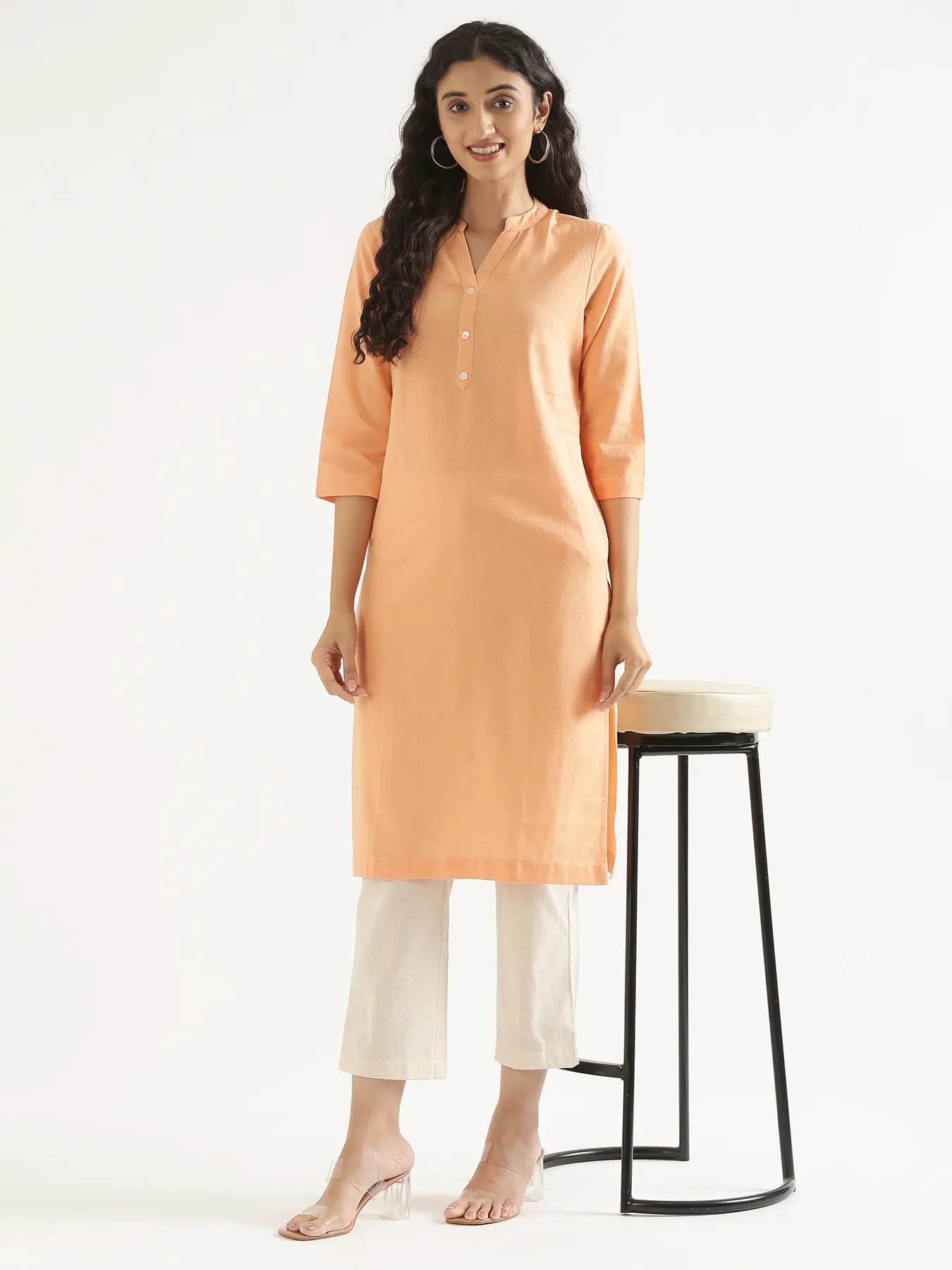 Women Peach Airy Linen Long Kurta