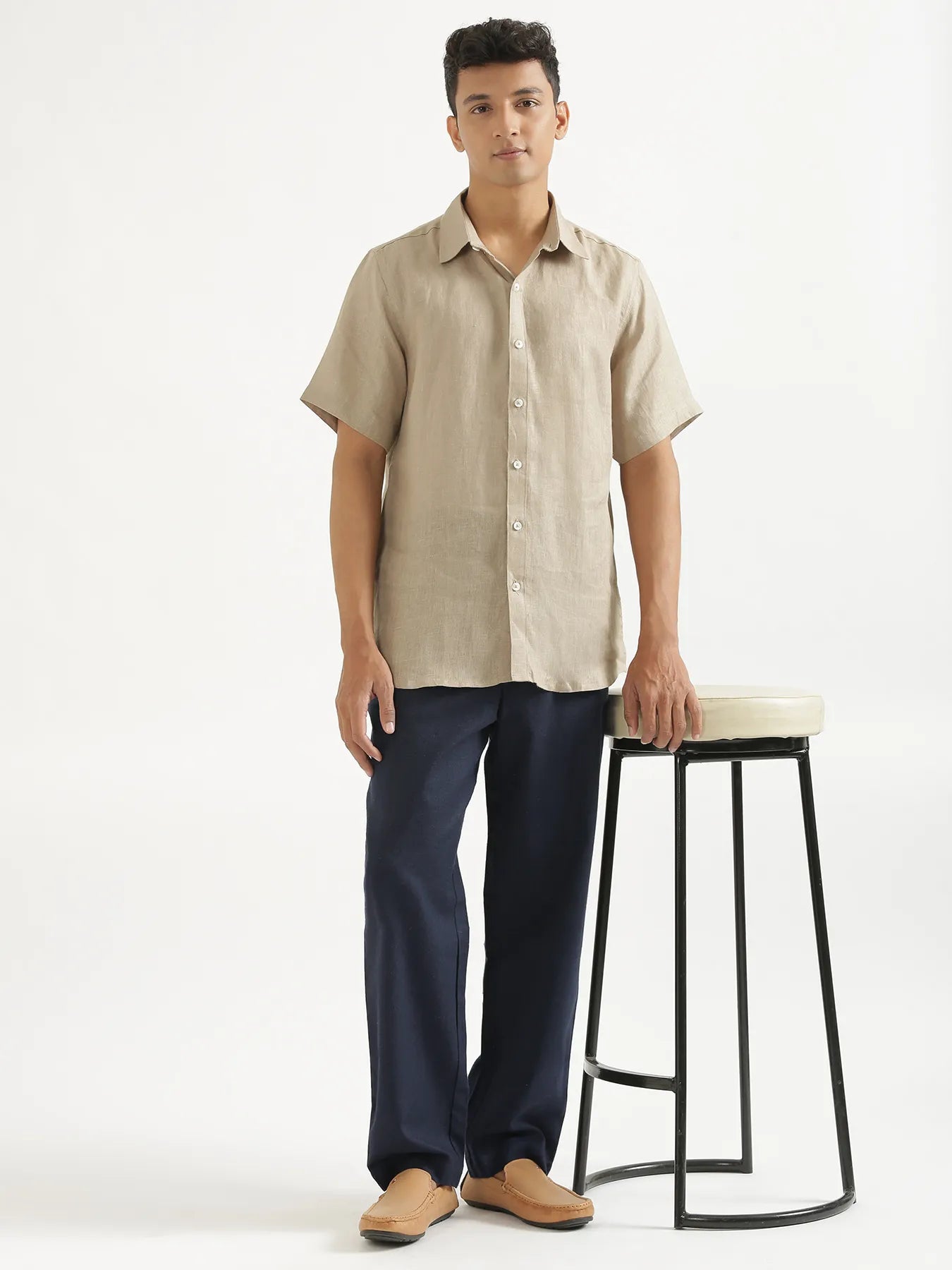 Men Navy Blue Linen Blend Straight Pant