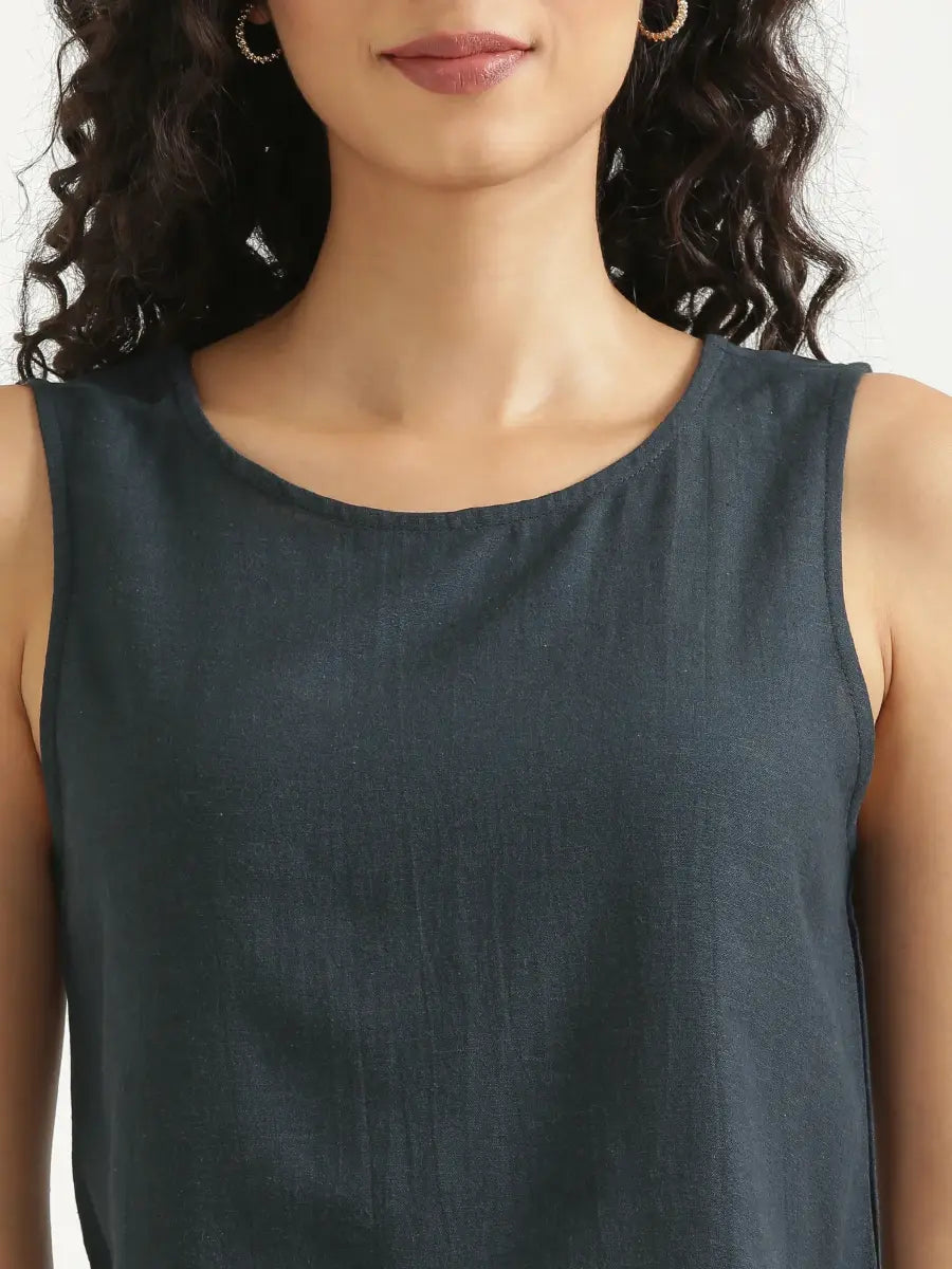 Women Navy Blue Flowy Linen Short Set