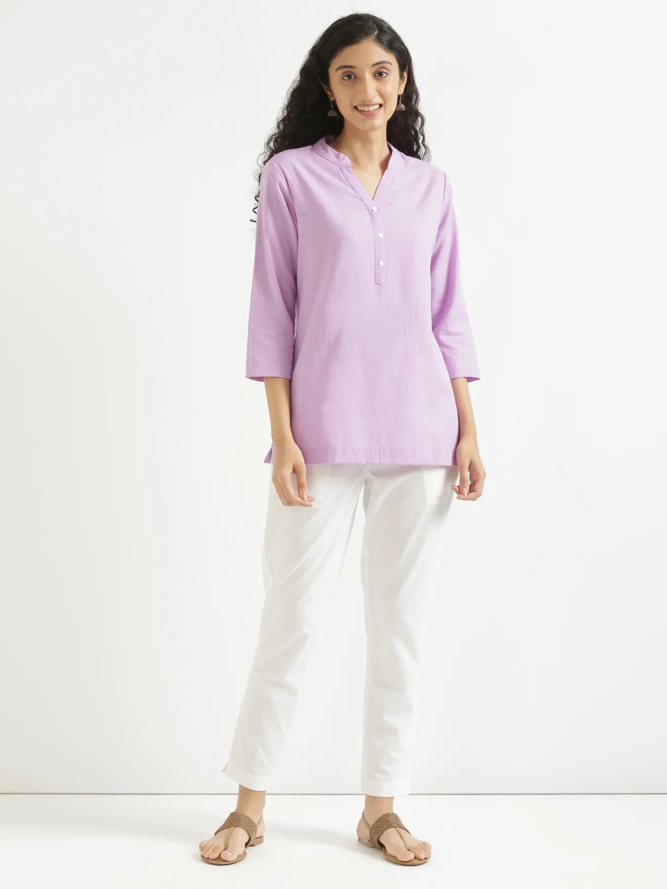 Women Lilac Airy Linen Short Kurta & White Cotton Pant Set
