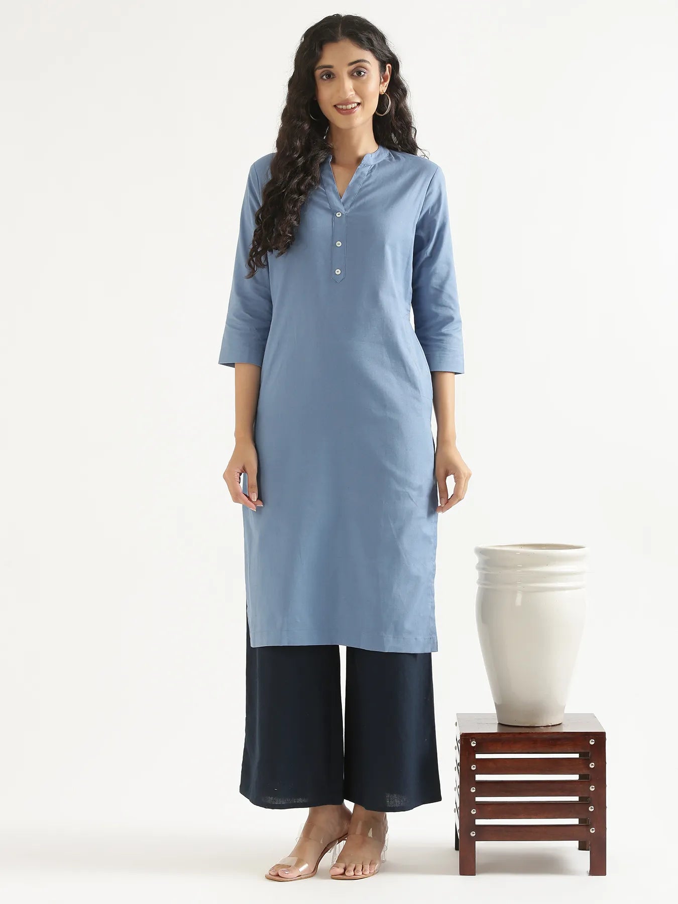 Women English Blue Airy Linen Long Kurta