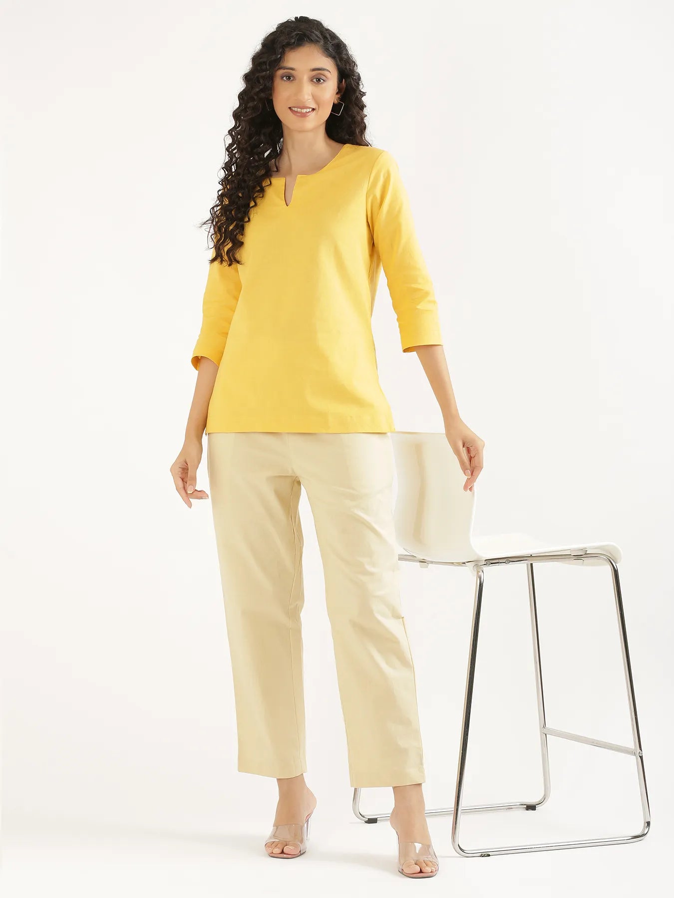 Women Yellow Airy Linen Split Neck Short Kurta