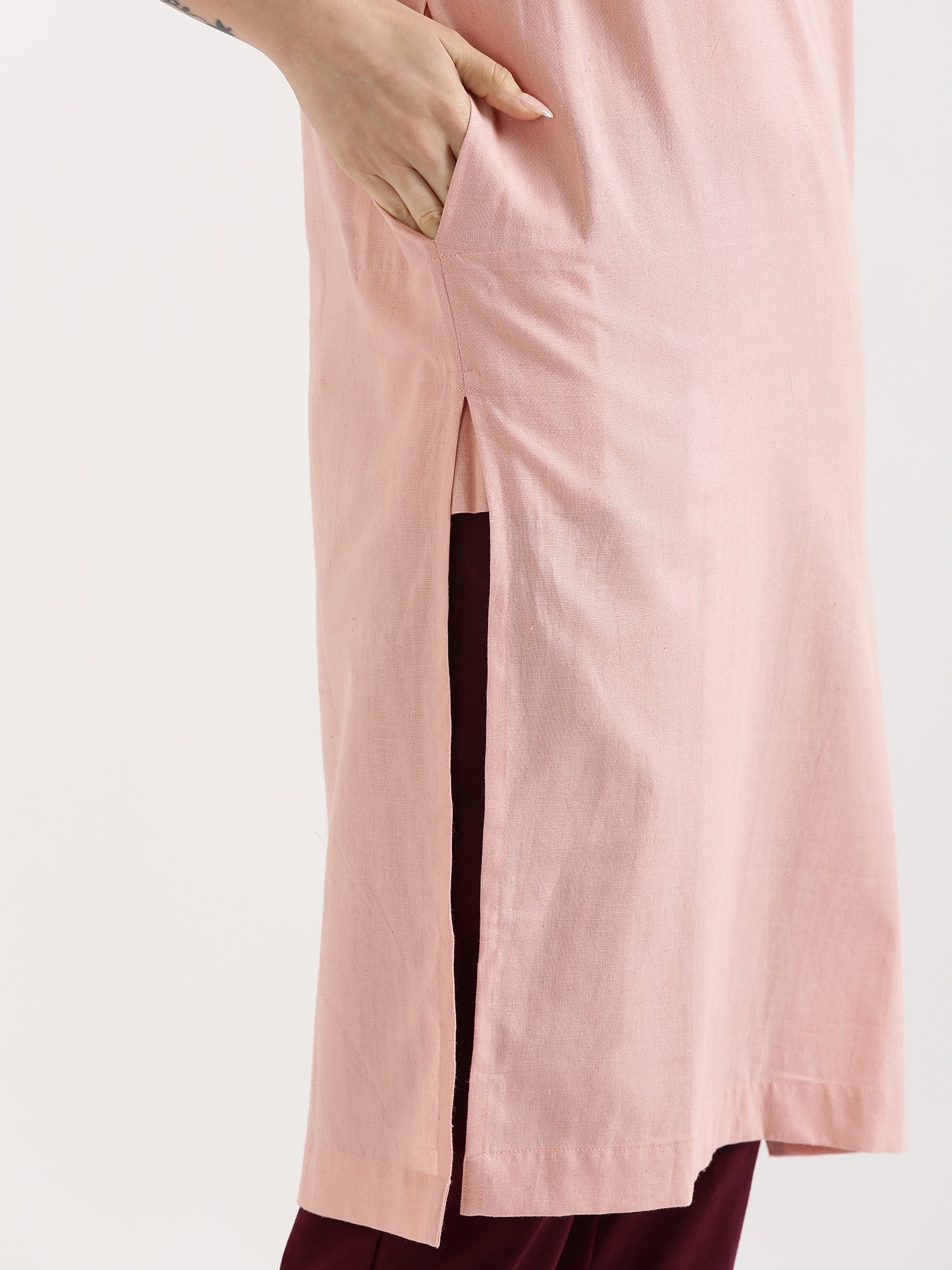 Women Salmon Pink Airy Linen Long Kurta & Wine Cotton Pant Set
