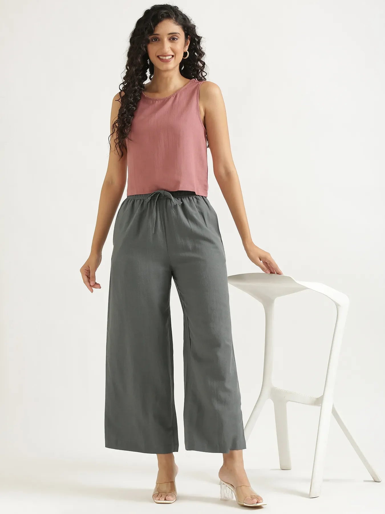 Women German Grey Flowy Linen Wide Leg Pants