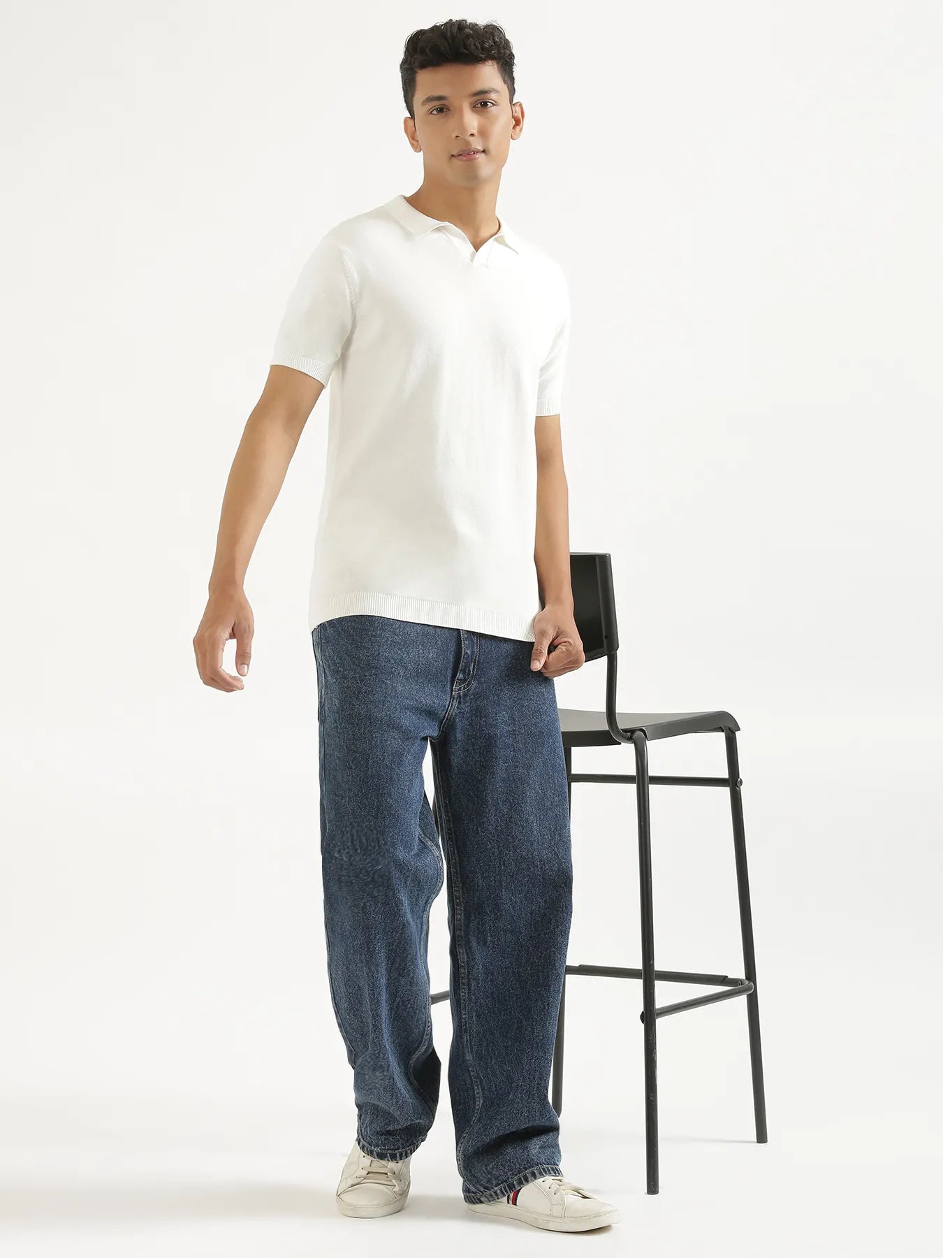 Men Off White Flat Knit Collared T-shirt