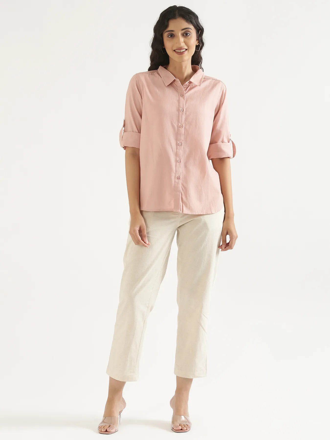 Women Salmon Pink Airy-Linen Shirt