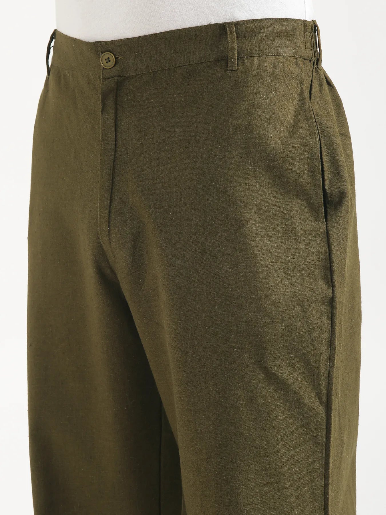 Men Olive Green Linen Blend Straight Pant