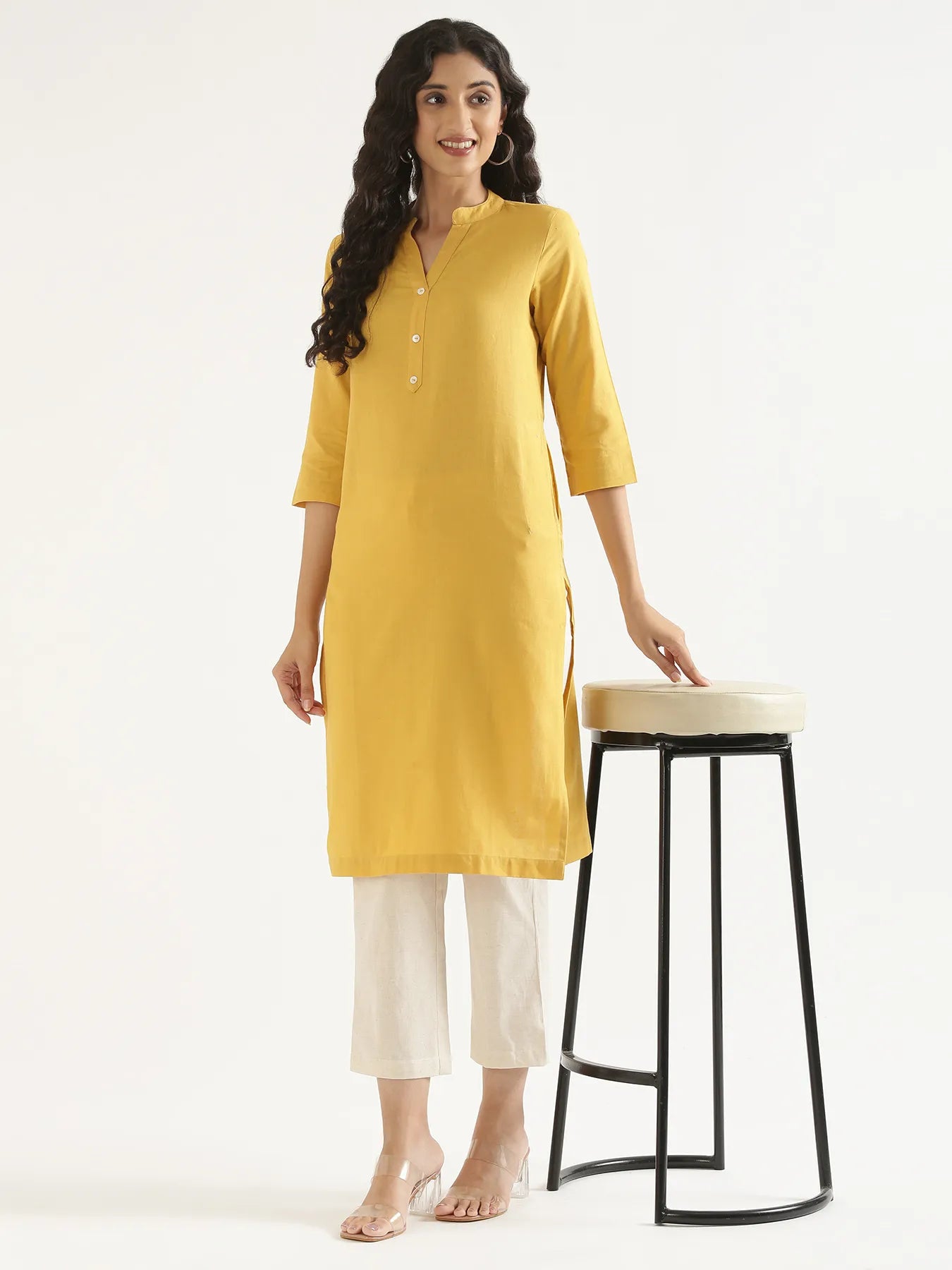 Women Yellow Airy Linen Long Kurta