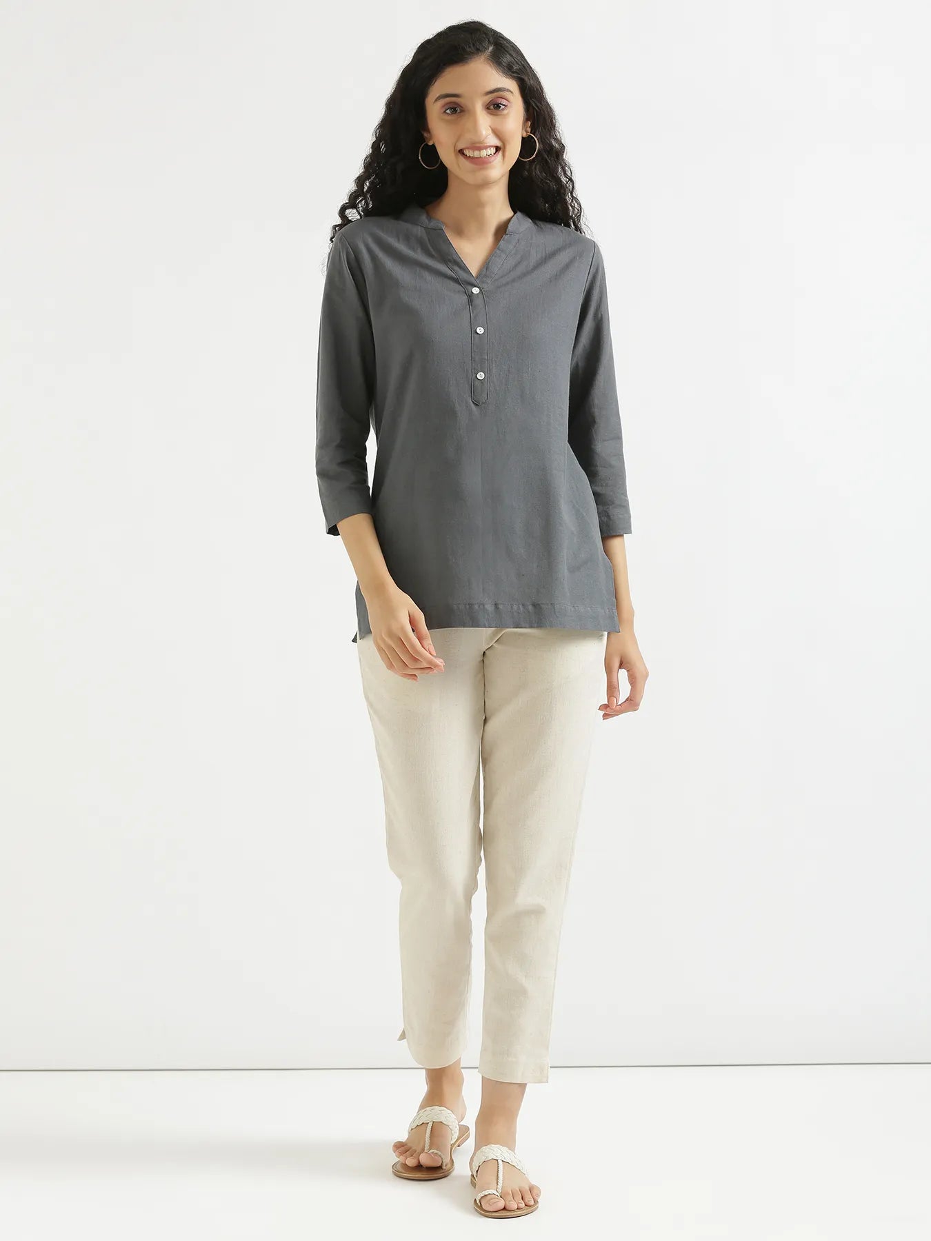 Women Slate Grey Airy Linen Short Kurta
