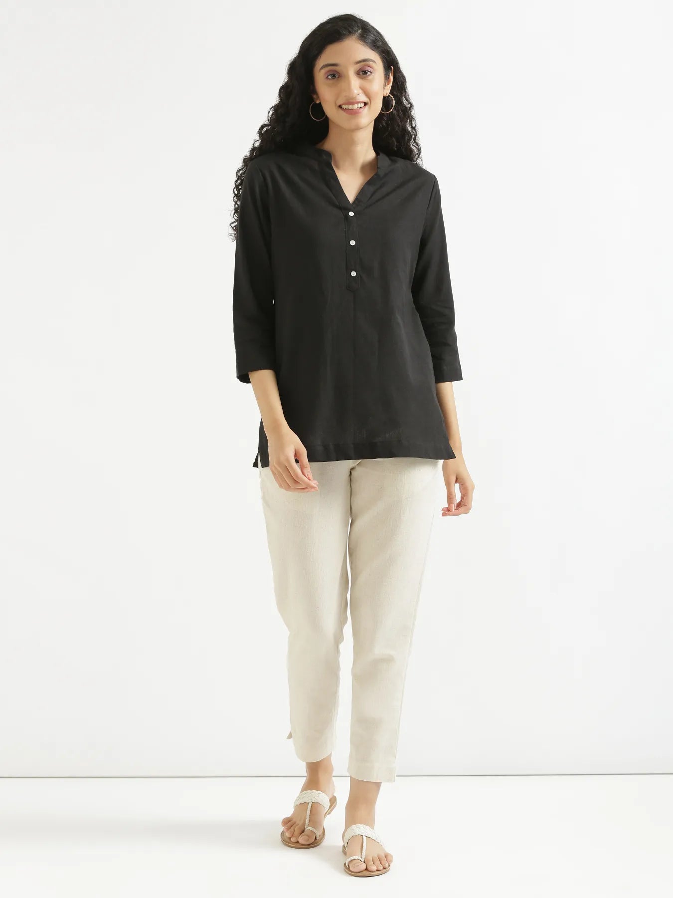 Women Black Airy Linen Short Kurta