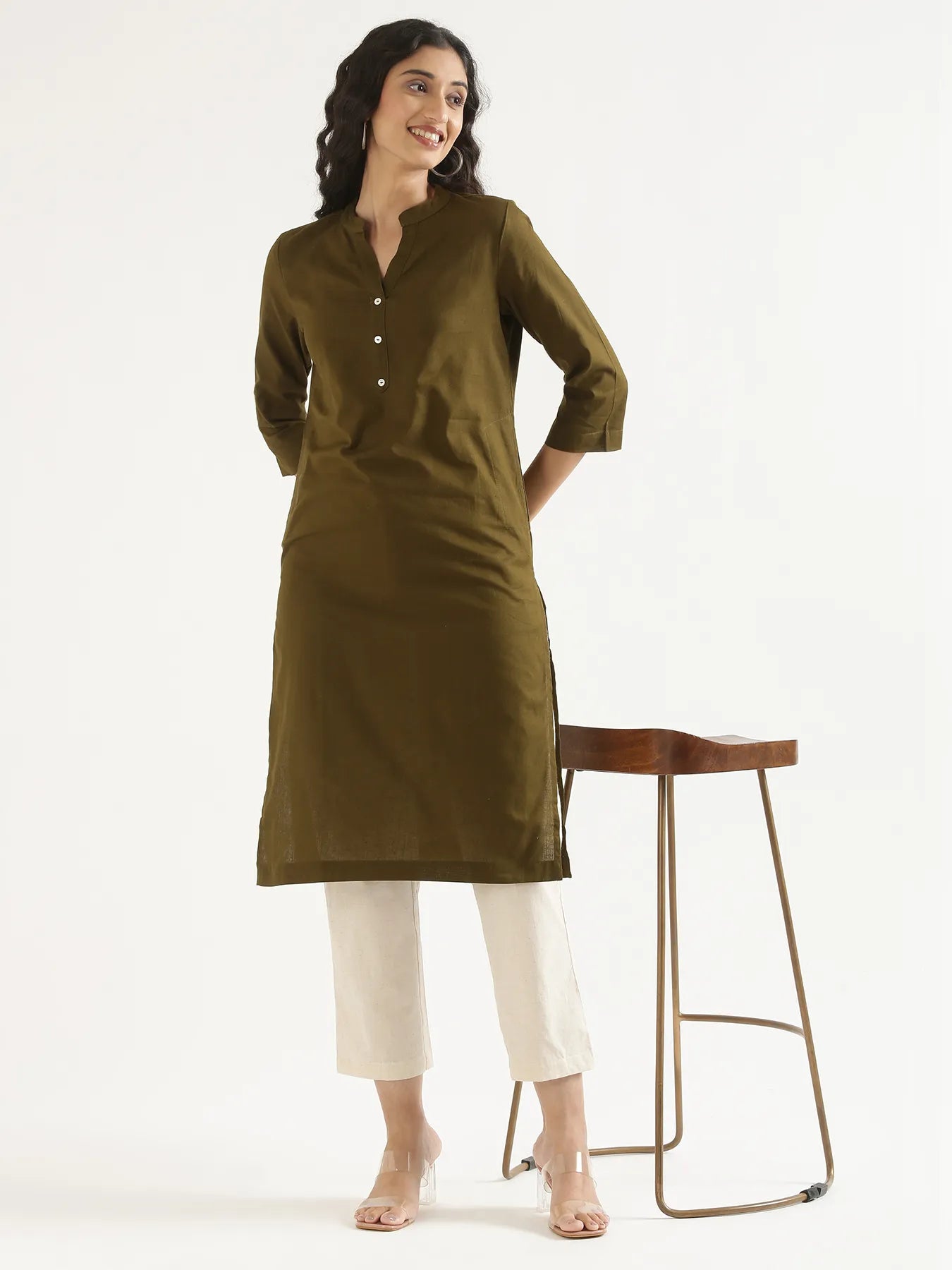 Women Olive Green Airy Linen Long Kurta