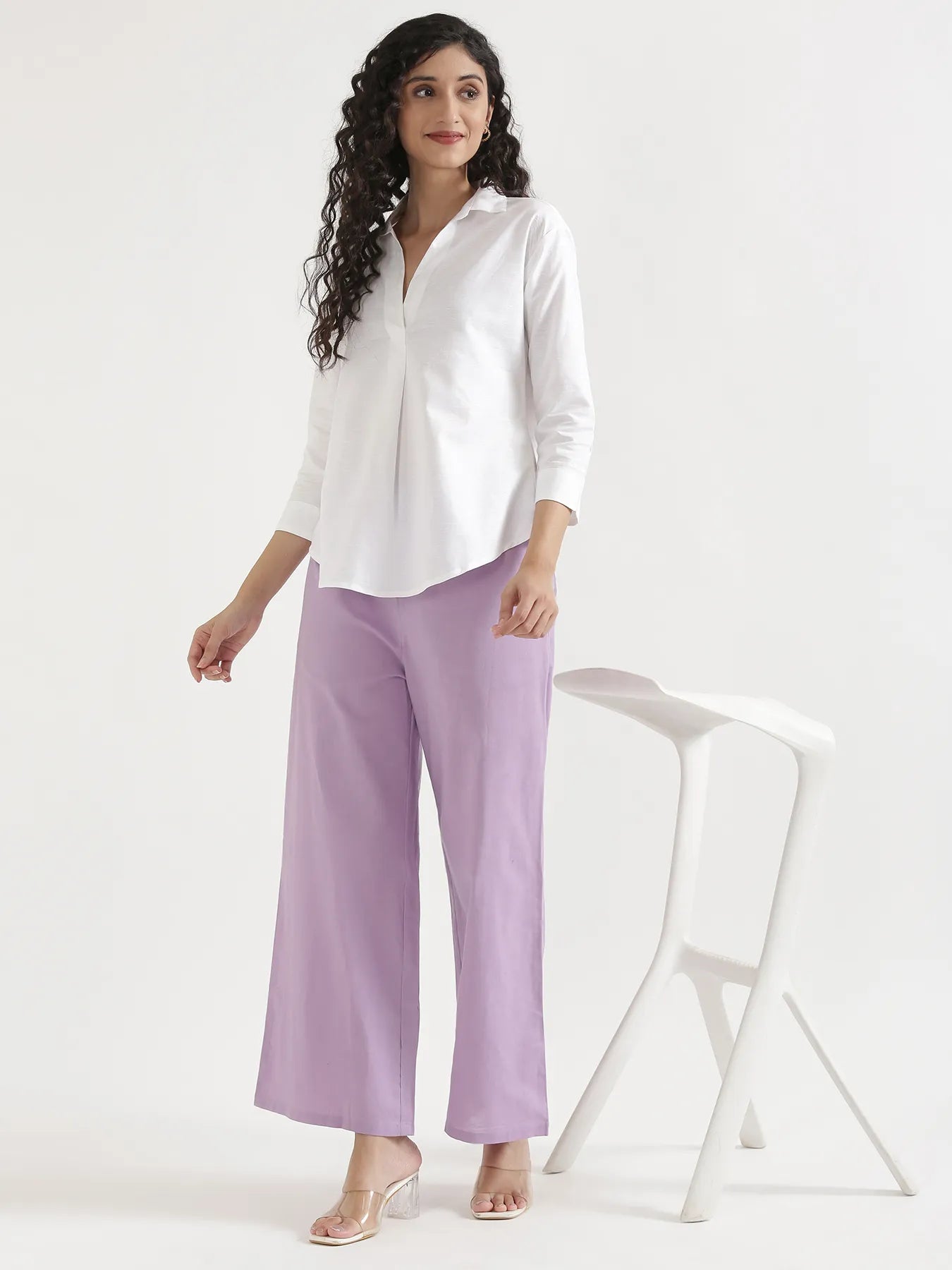 Women White Linen Blend Pleated Top