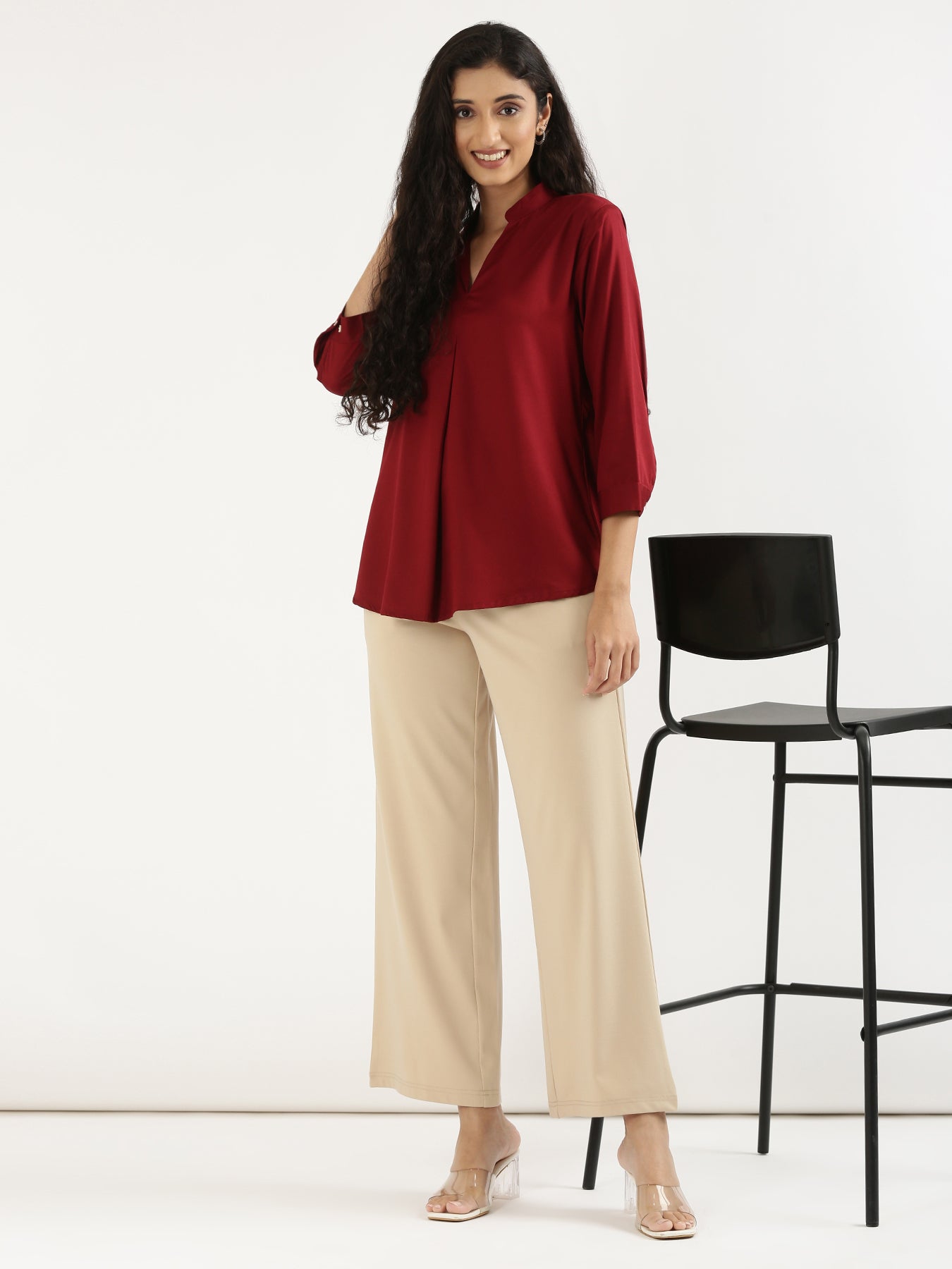 Maroon Viscose Pleated Top with Beige Wide Leg Pant