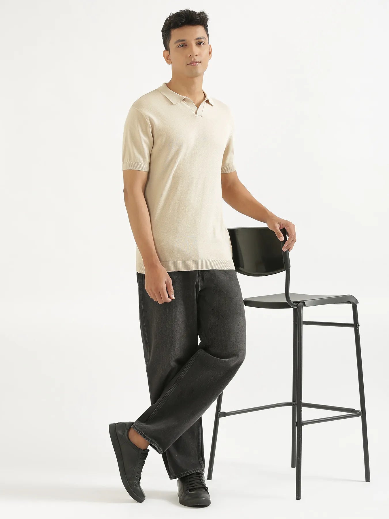 Men Beige Flat Knit Polo