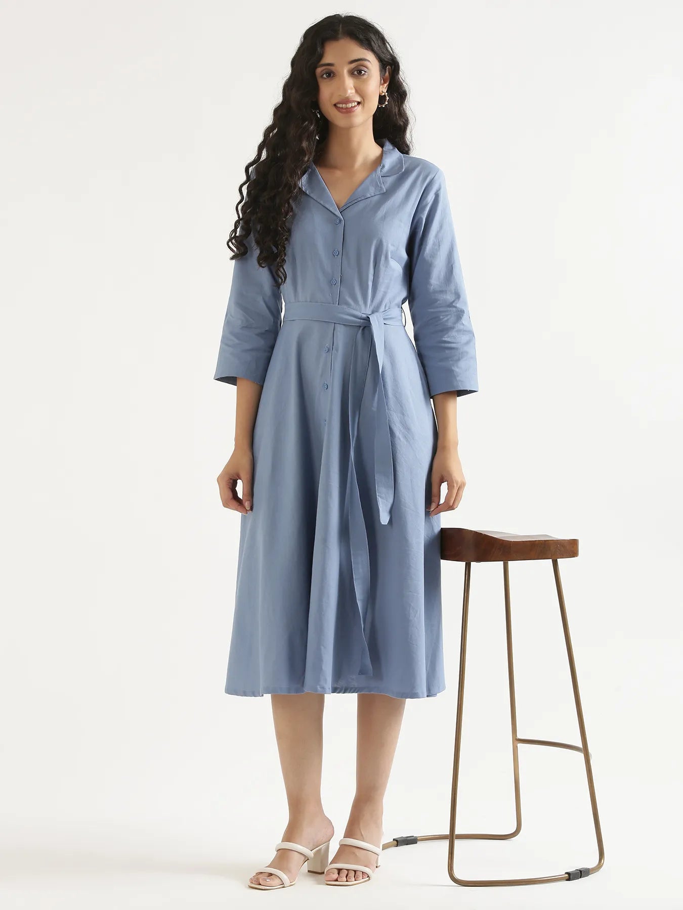 Women English Blue Airy Linen Flared Dress