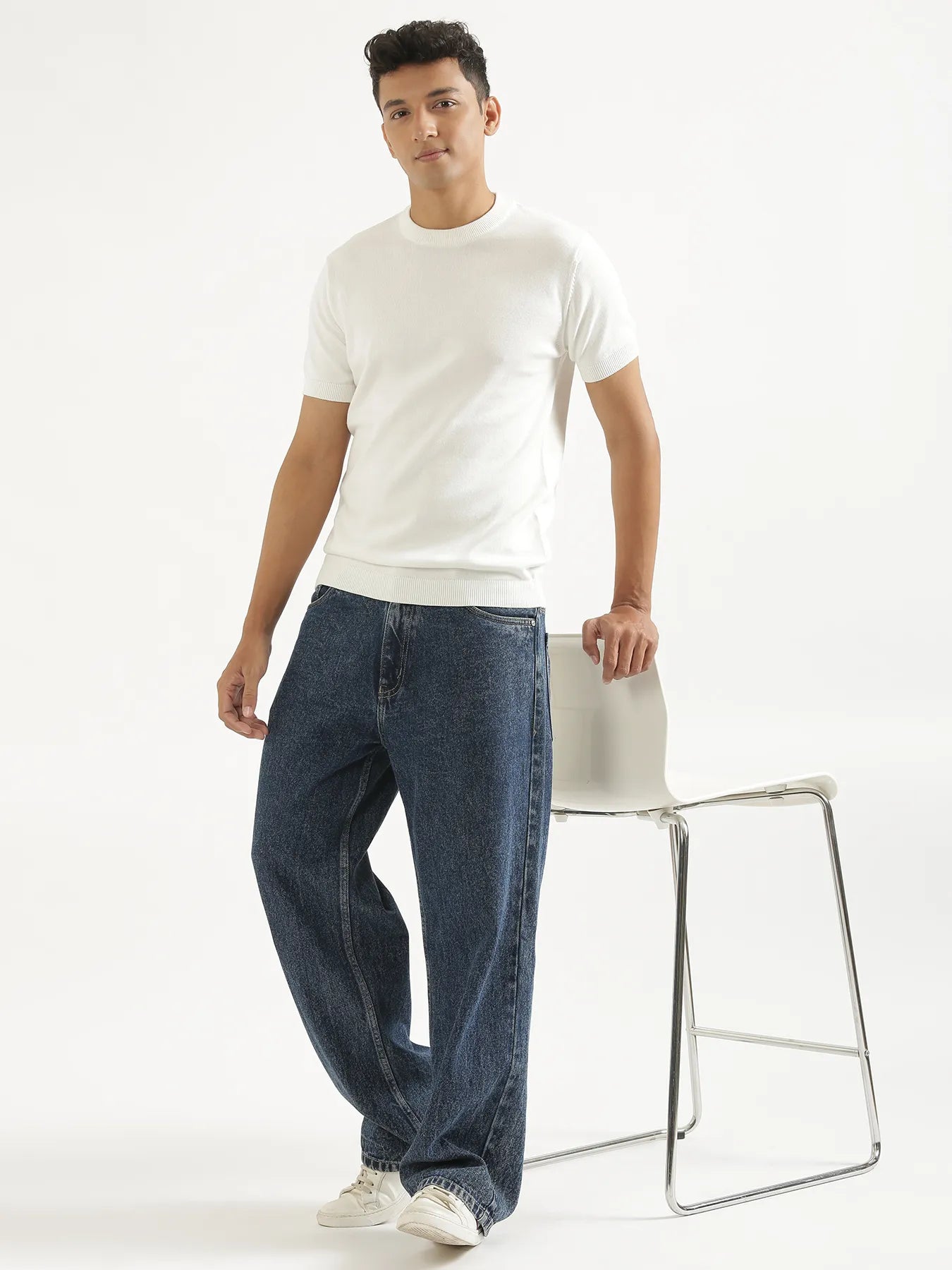 Men Off White Flat Knit Round Neck T-shirt