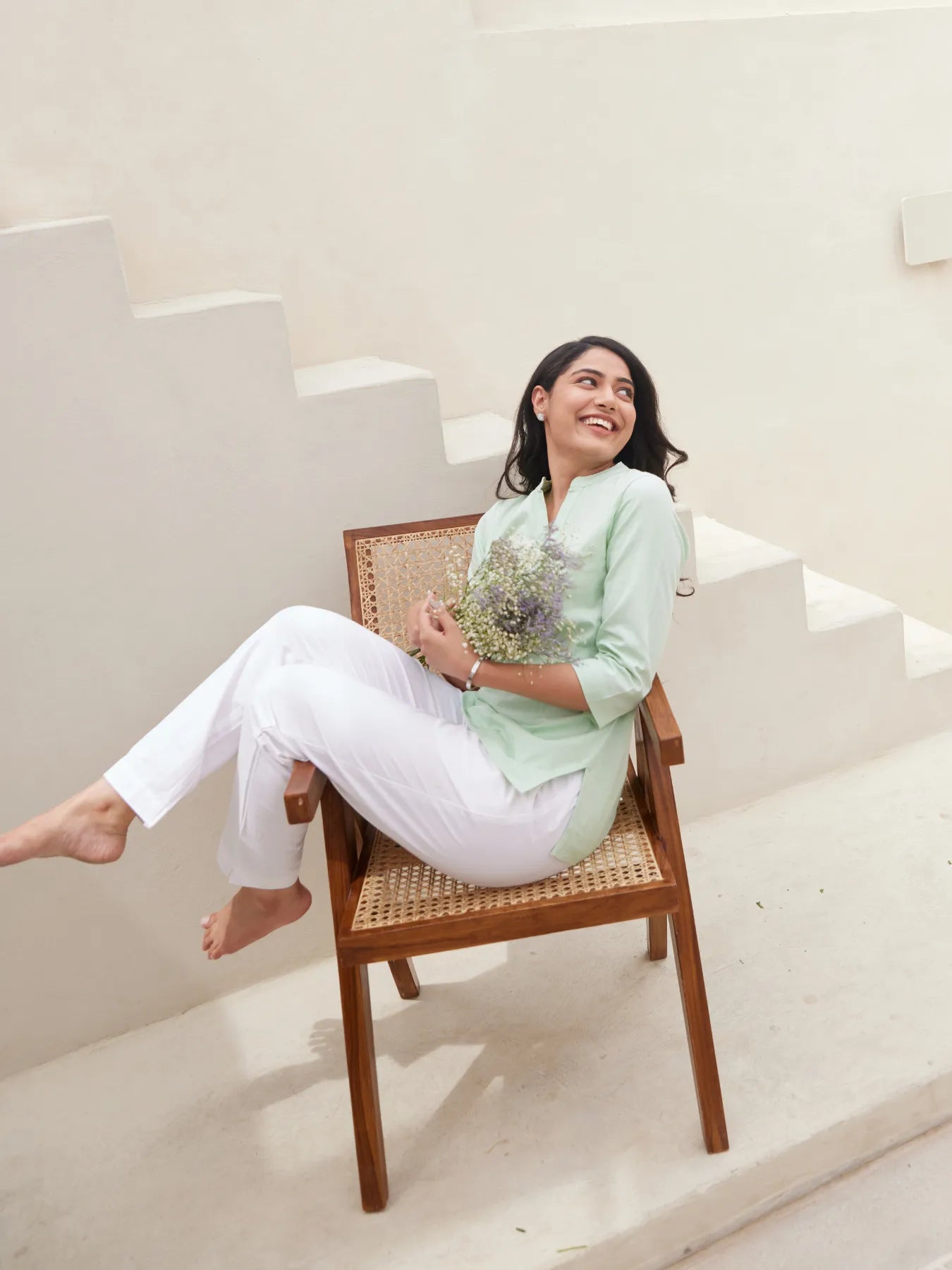 Mint Green Short Kurta with White Cotton Pant