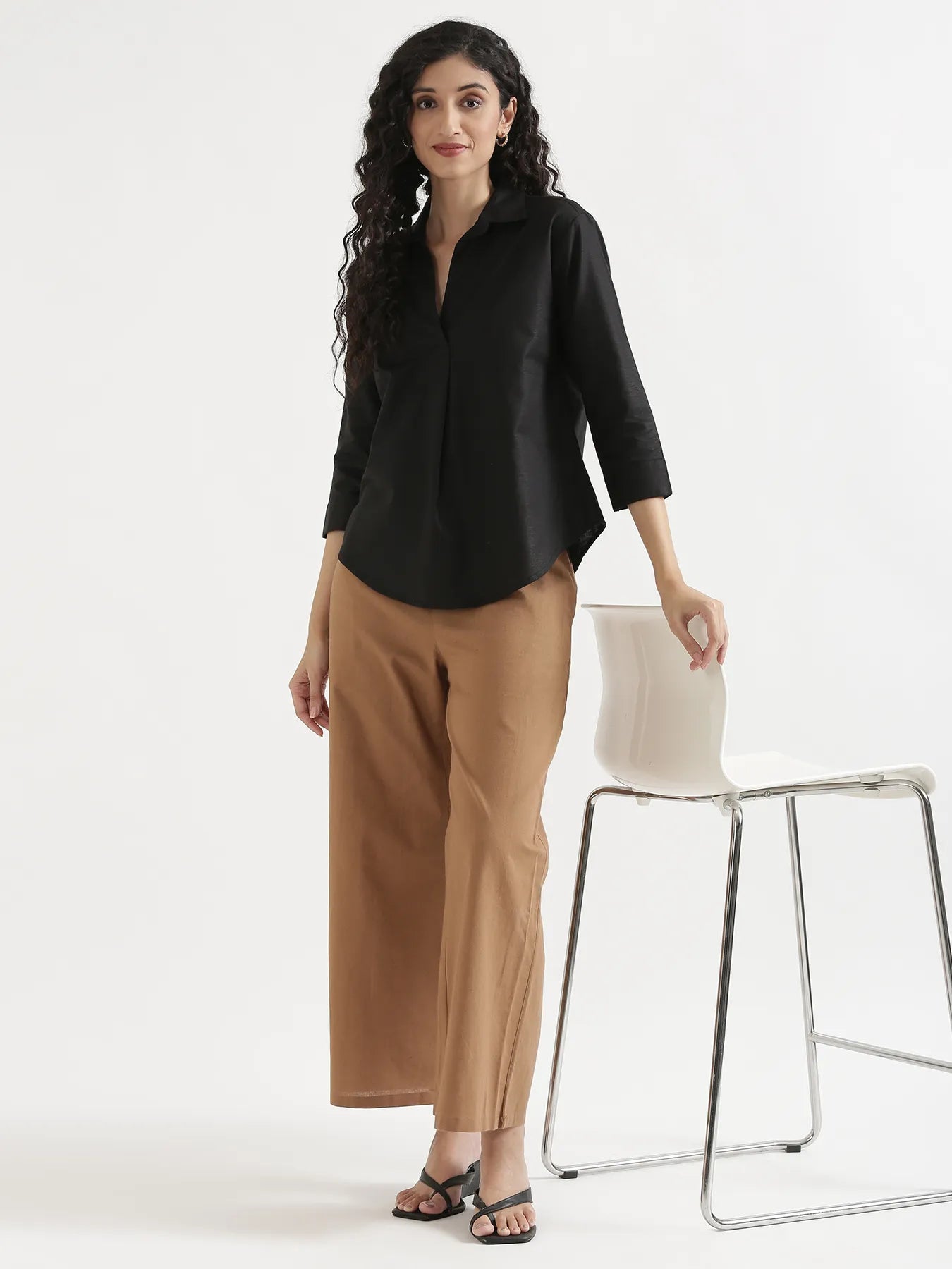 Women Black Linen Blend Pleated Top