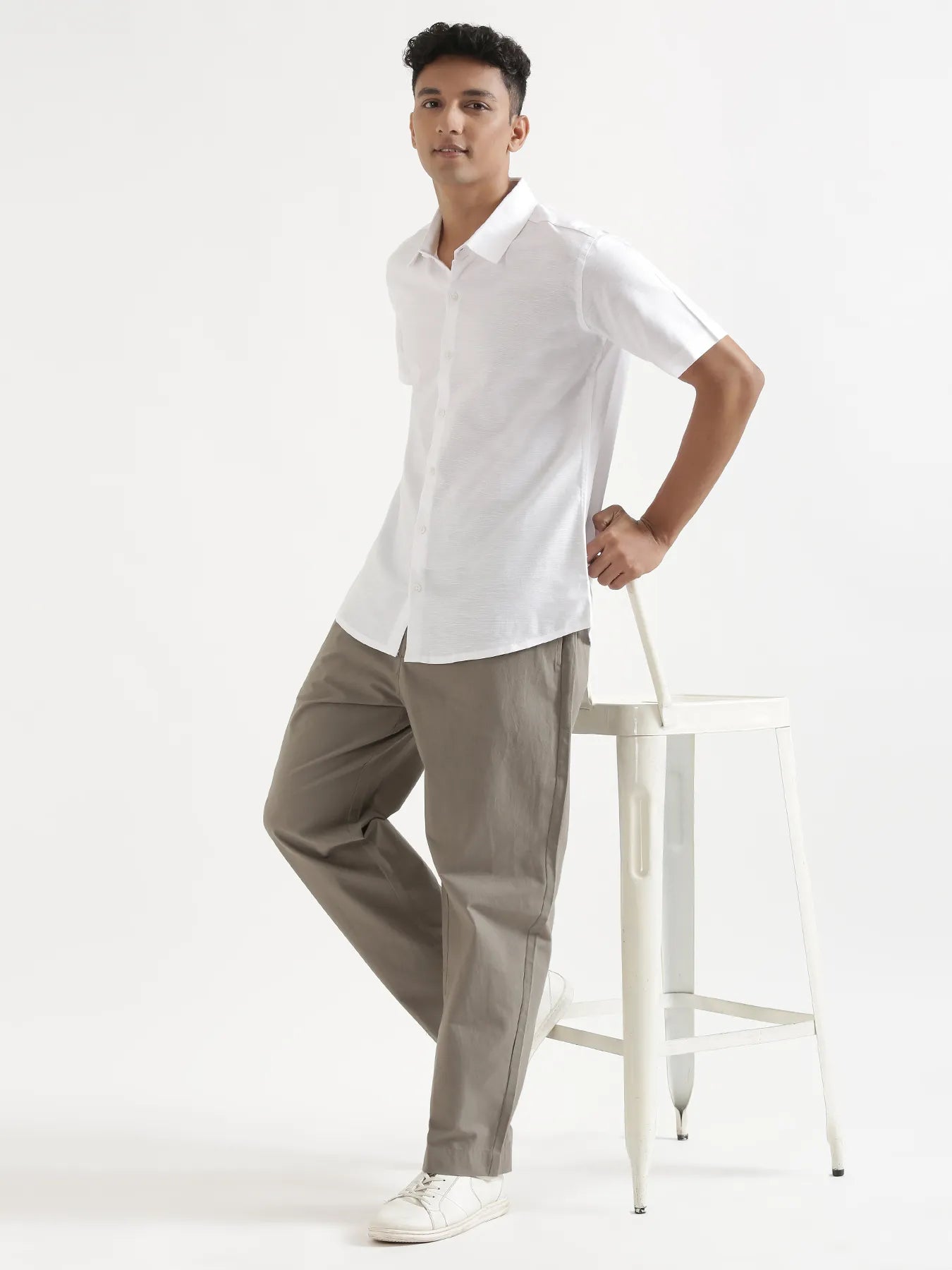 Men White Linen Blend Short Sleeve Shirt