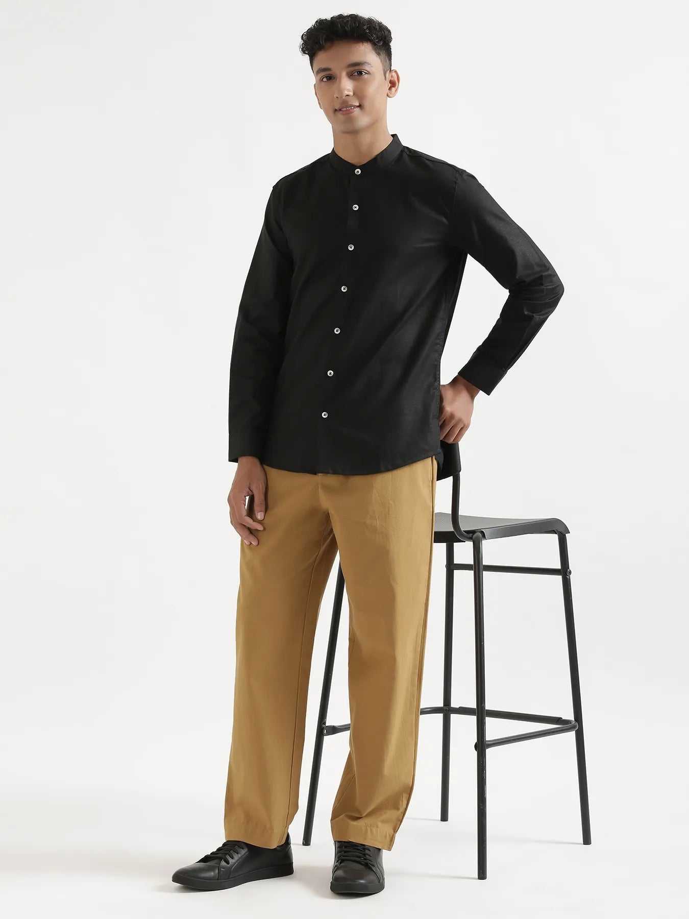 Men Black Linen Blend Mandarin Collar Shirt