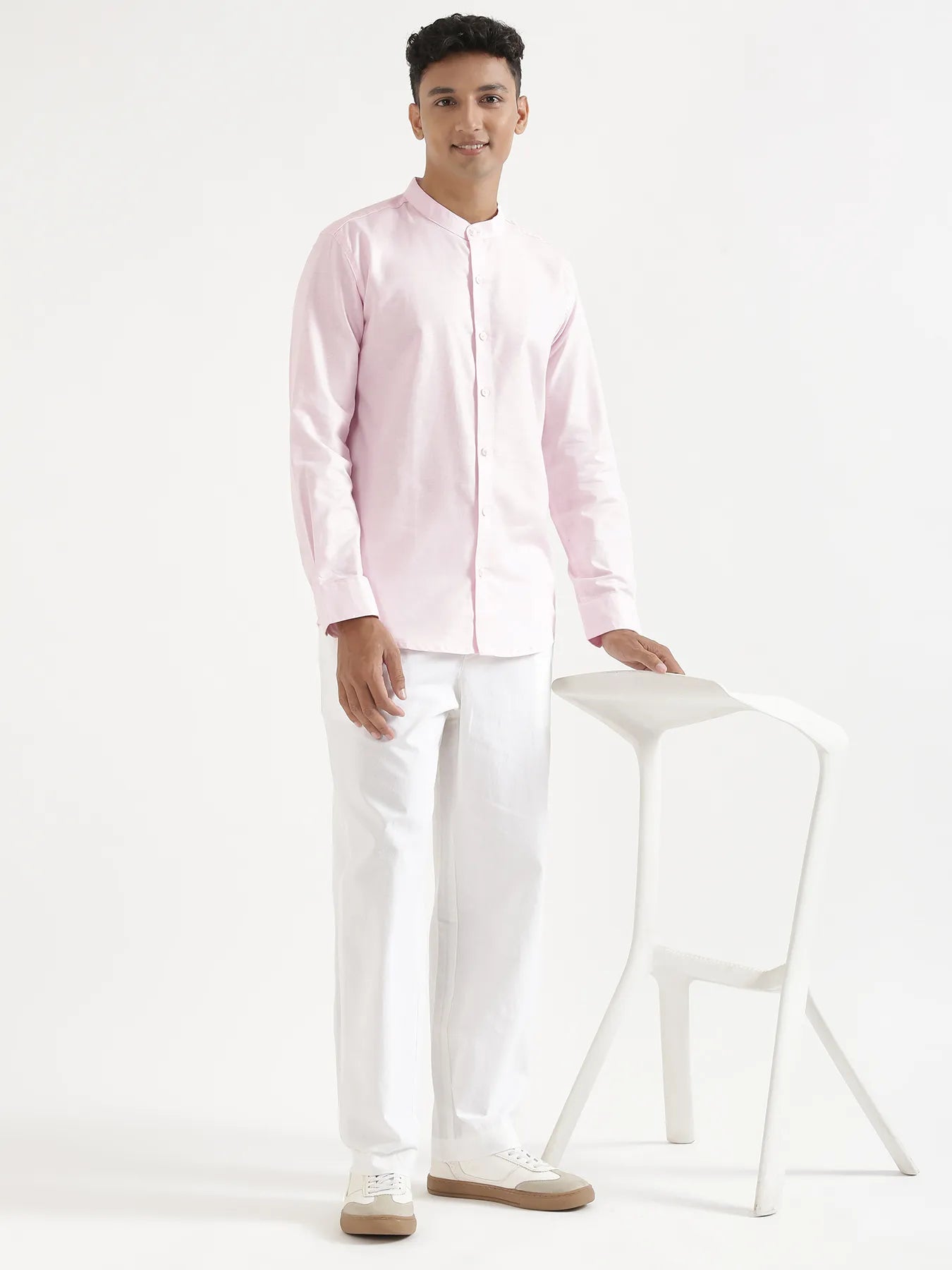 Men Blush Pink Linen Blend Mandarin Collar Shirt & White Cotton Pant Set