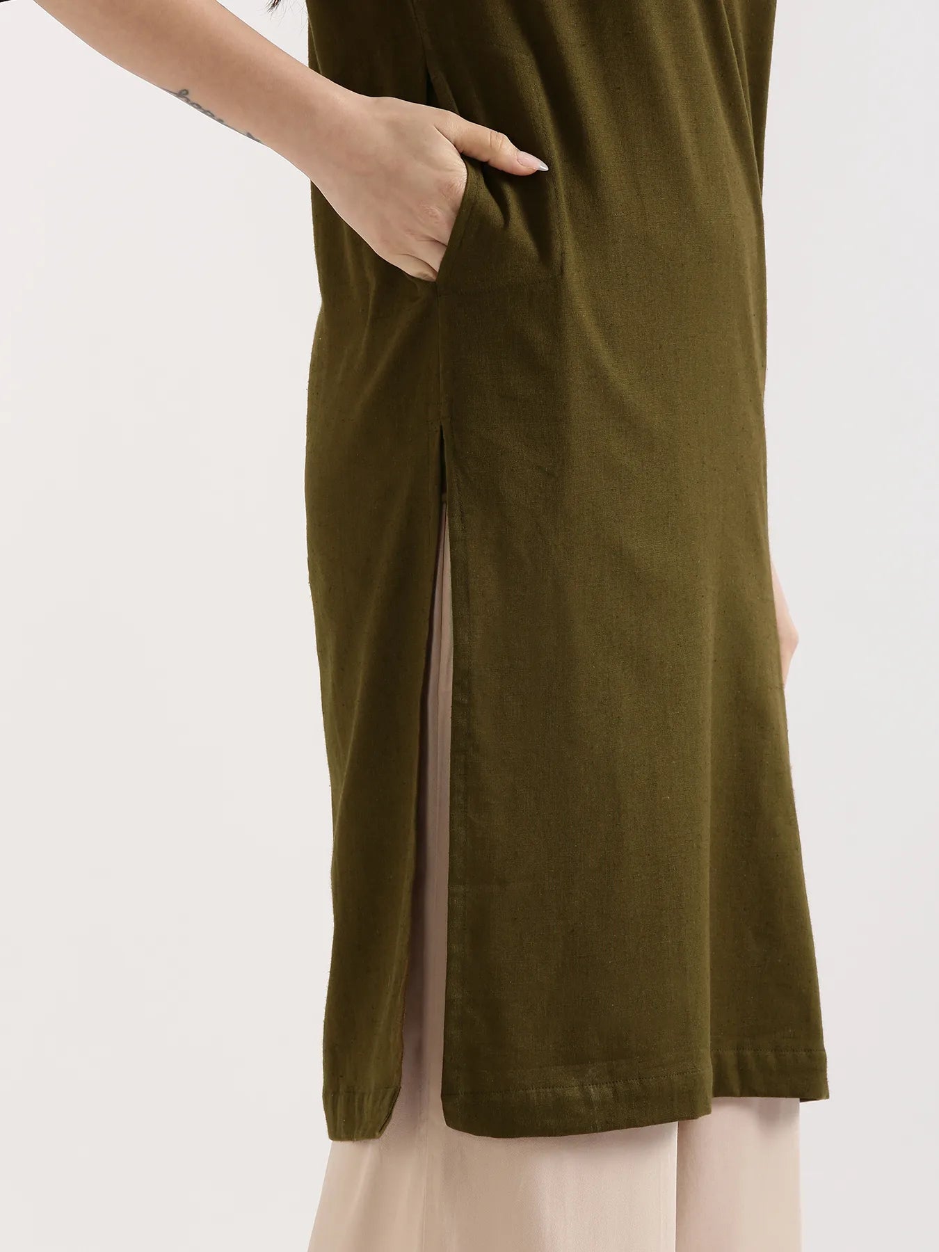 Women Olive Green Airy Linen Long Kurta & Beige Viscose Palazzo Pant Set