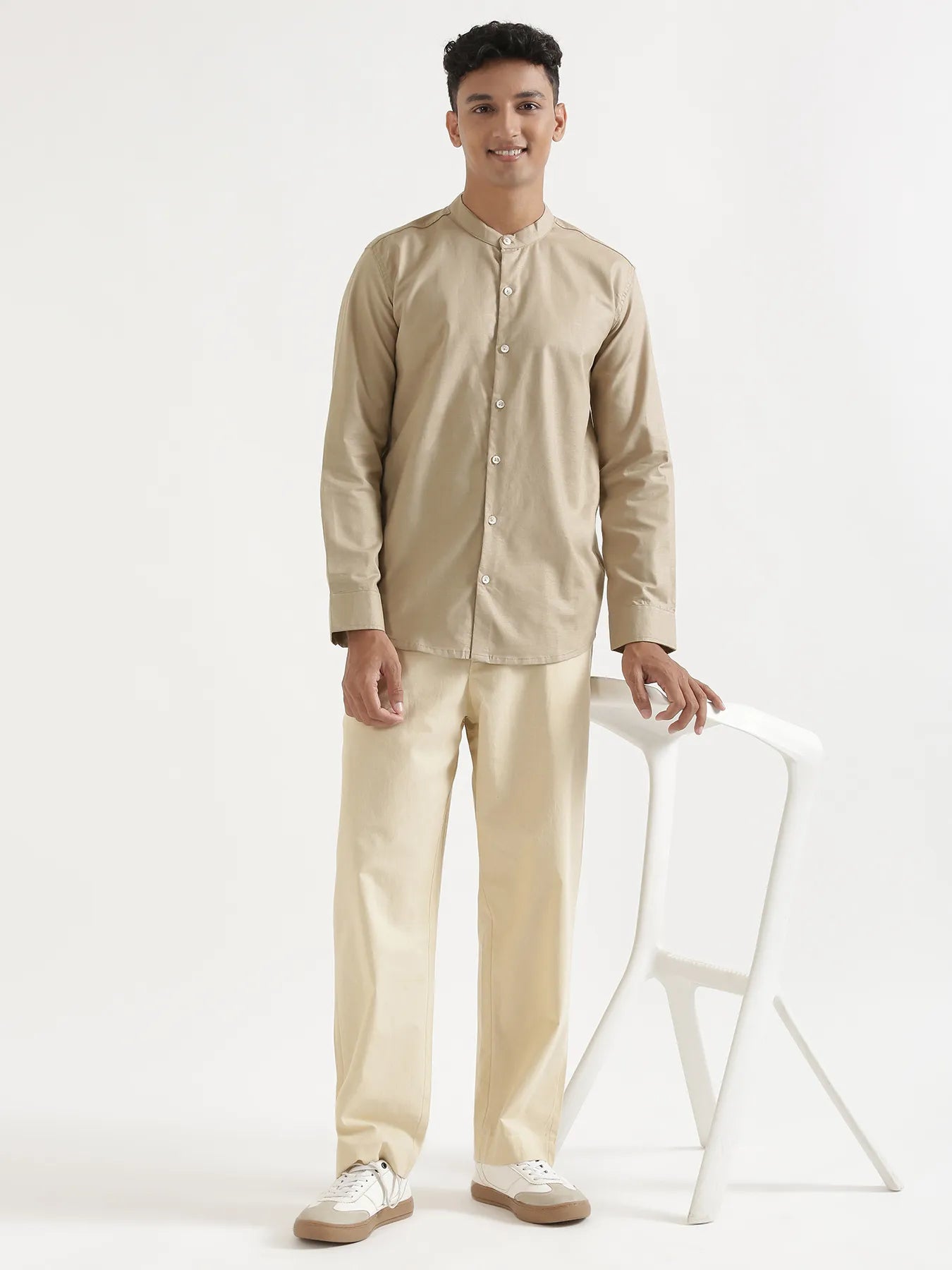 Men Taupe Linen Blend Mandarin Collar Shirt