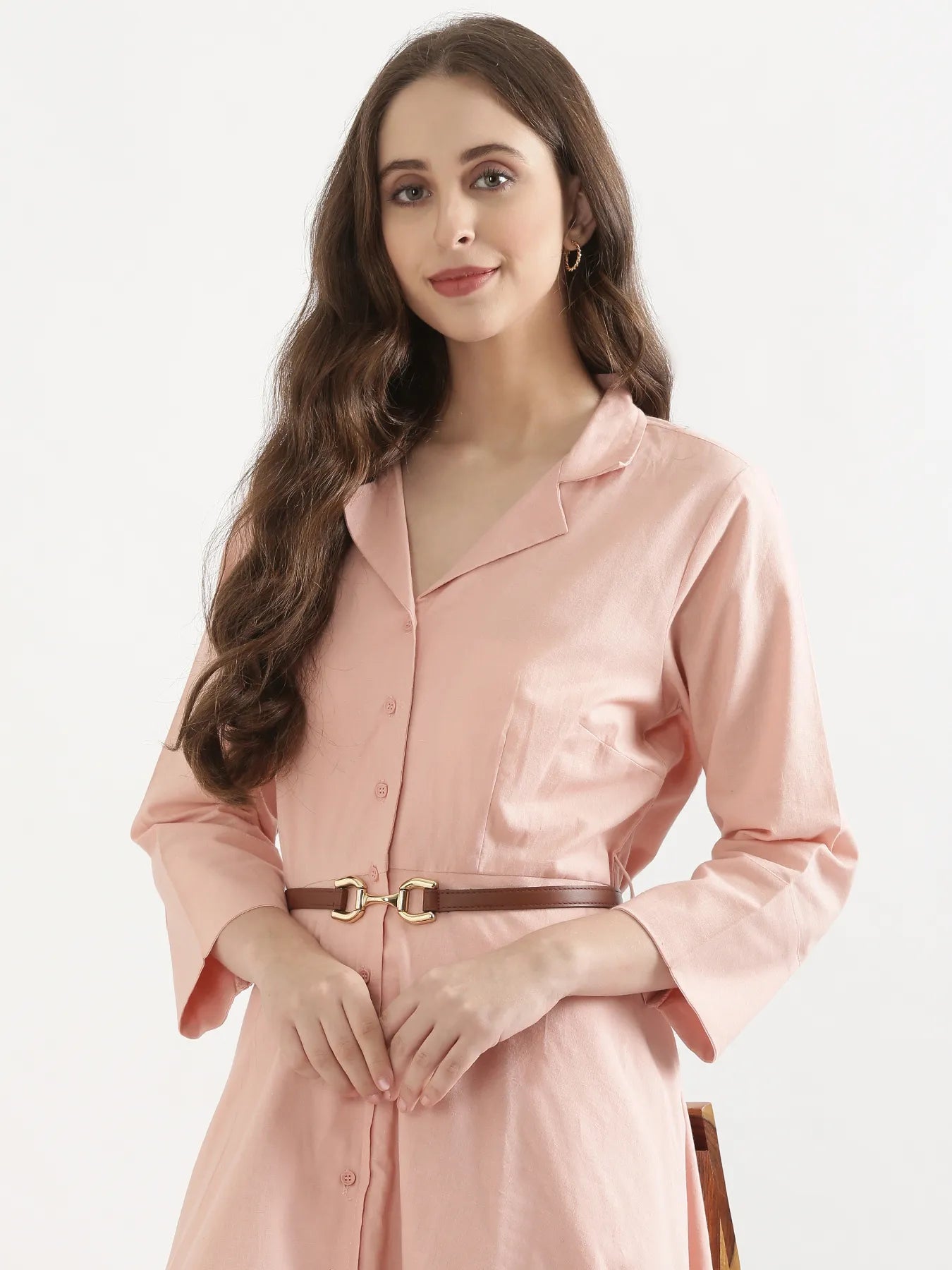 Women Salmon Pink Airy Linen Flared Dress